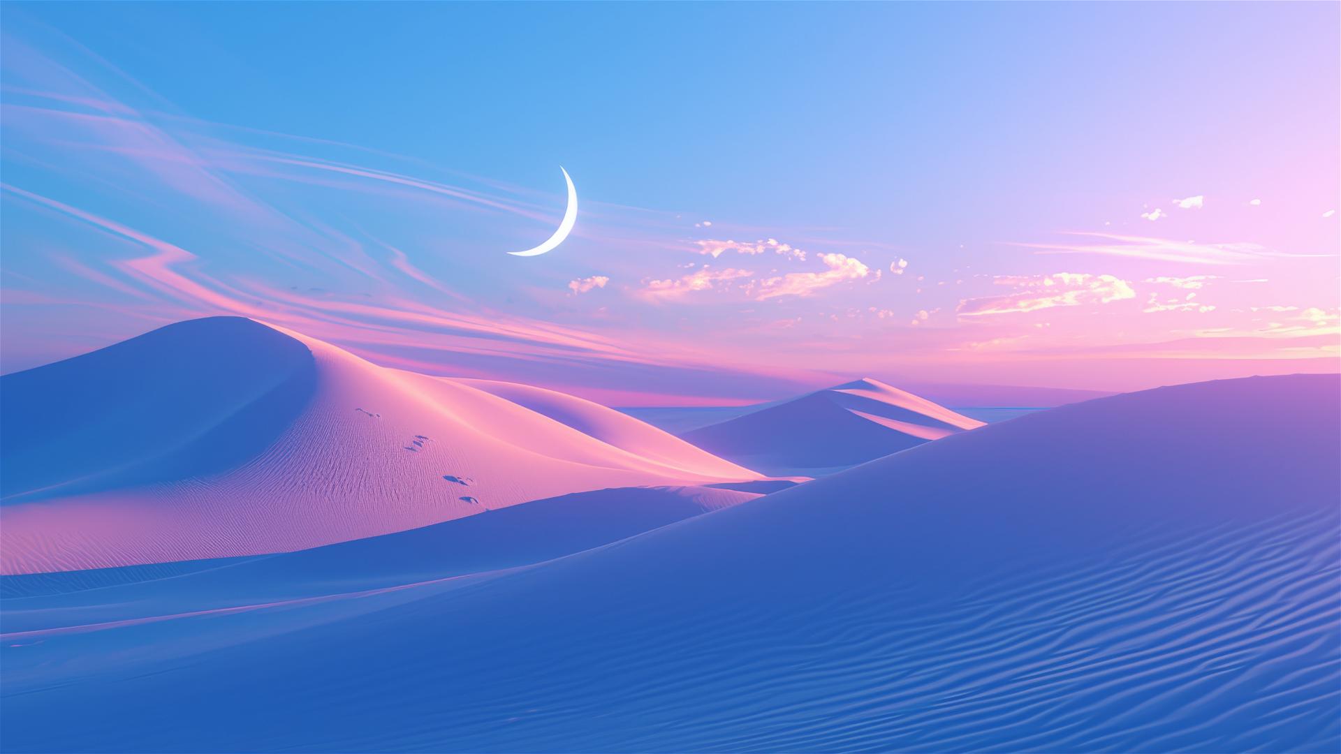 Dreamy moonlit desert dunes with soft shadows and a pastel sky