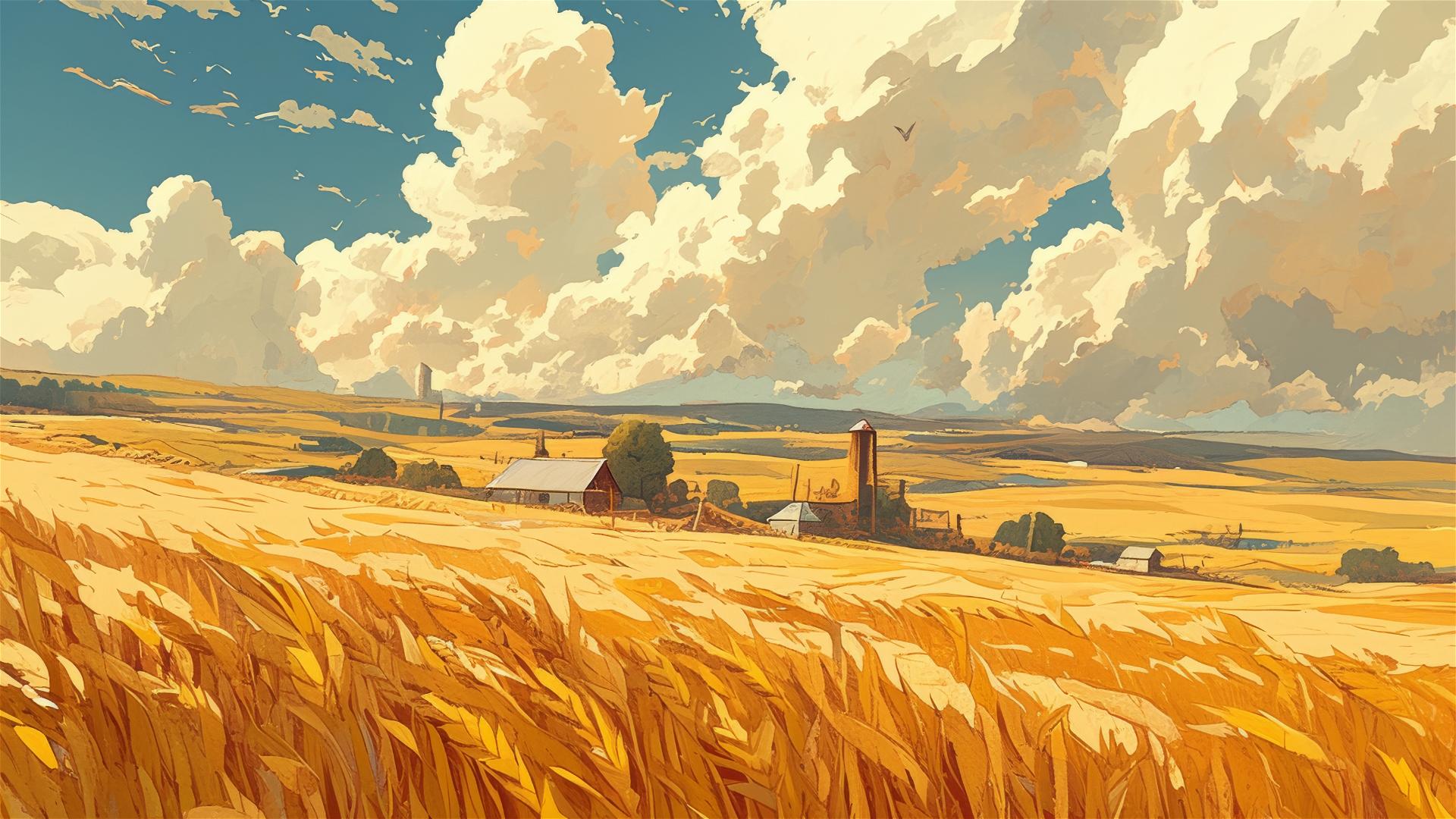 Golden wheat field with stormy sky and wind-waves in crops
