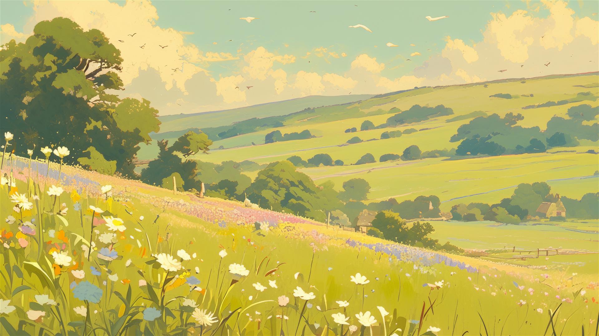 Gentle hills with wildflowers and soft sky