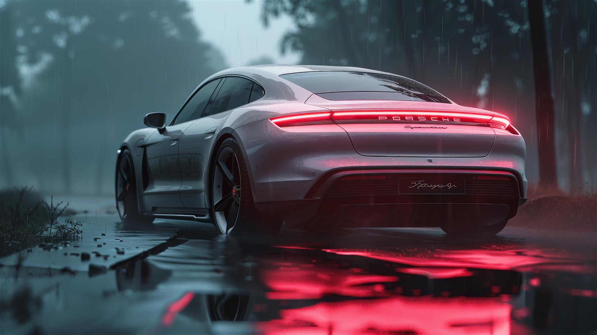 Porsche Taycan in dim gothic ambiance with fog