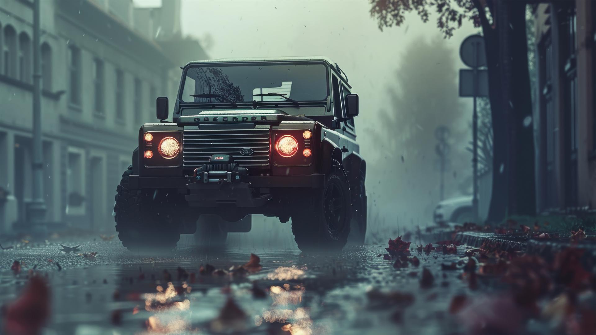 Land Rover Defender in dim lighting, gothic gloomy mood, closeup view with fog