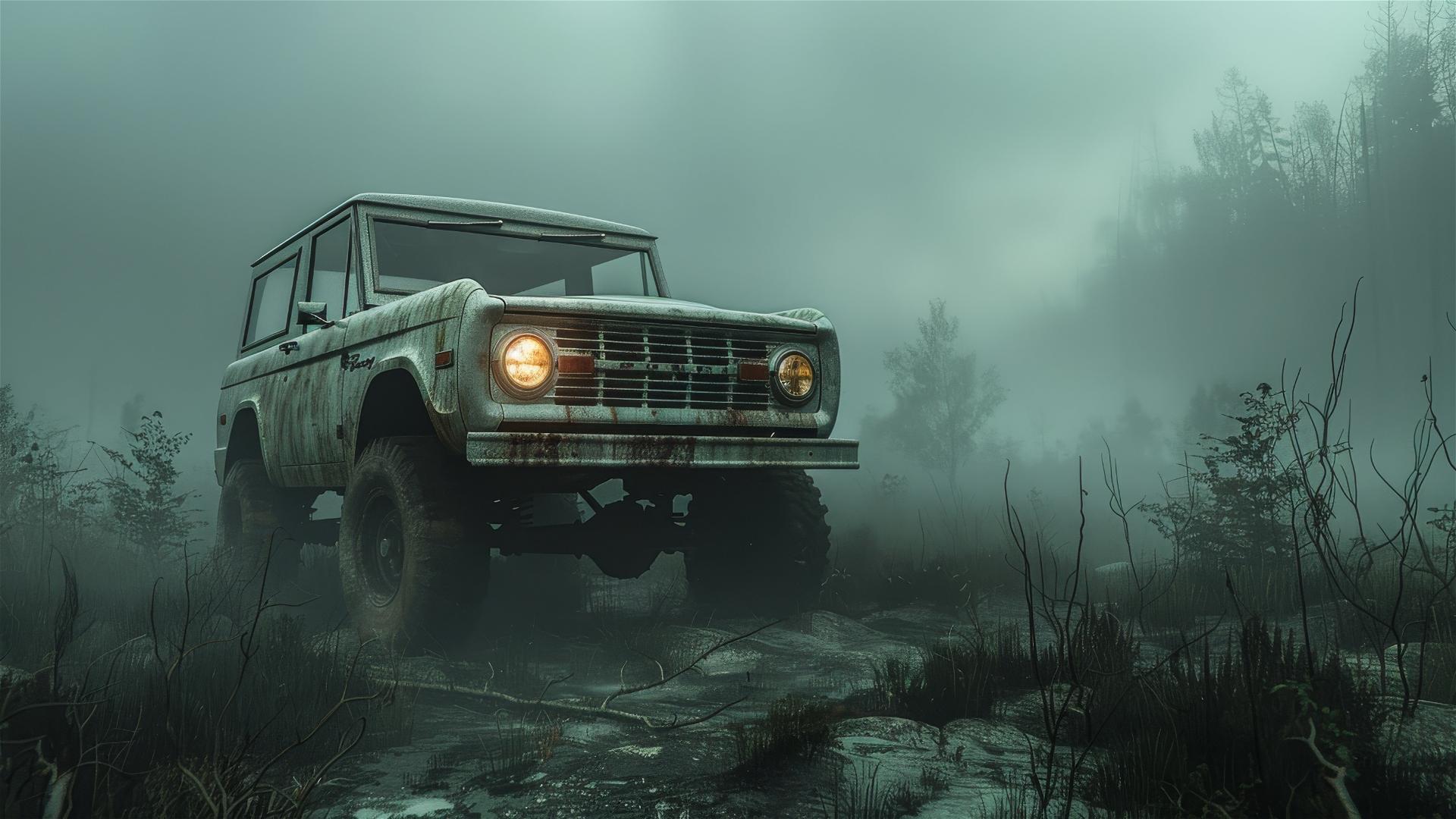 Dimly lit photorealistic Ford Bronco in a foggy, gothic setting