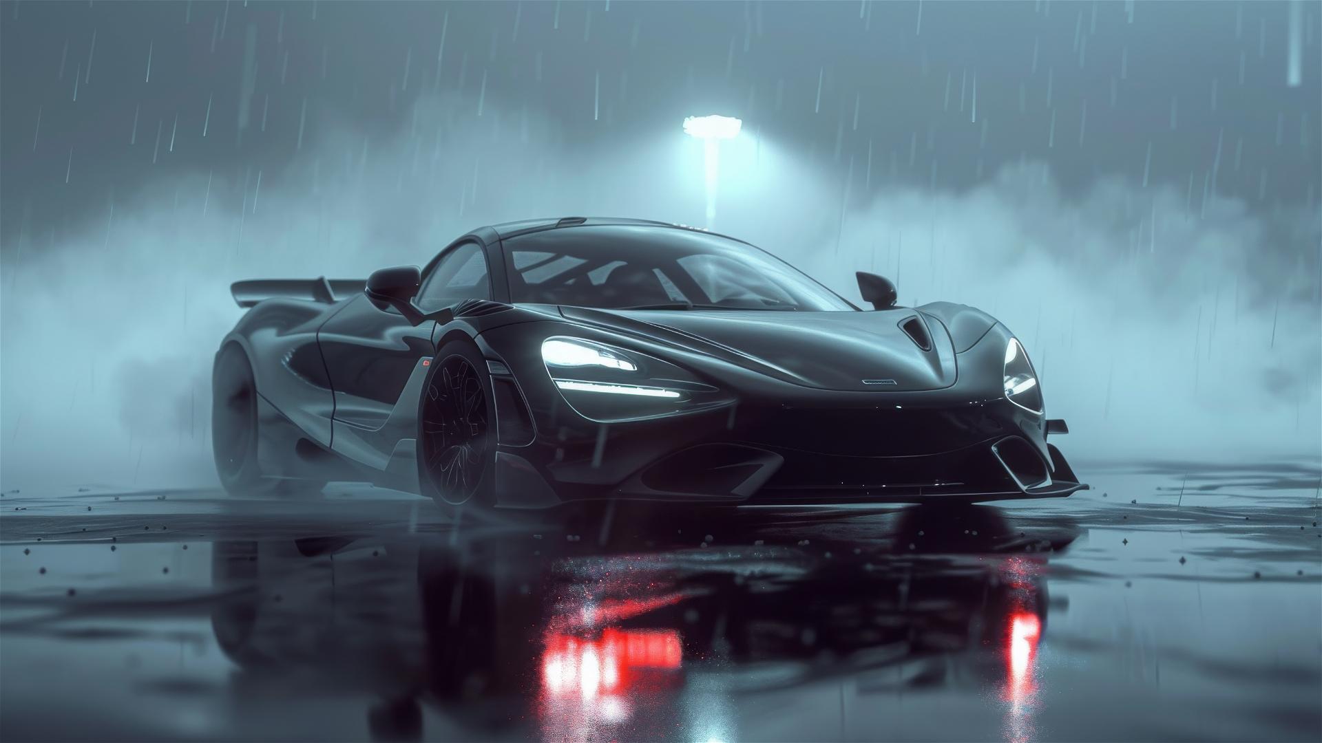 Photorealistic closeup of McLaren 720S in dim, gothic gloomy lighting with fog