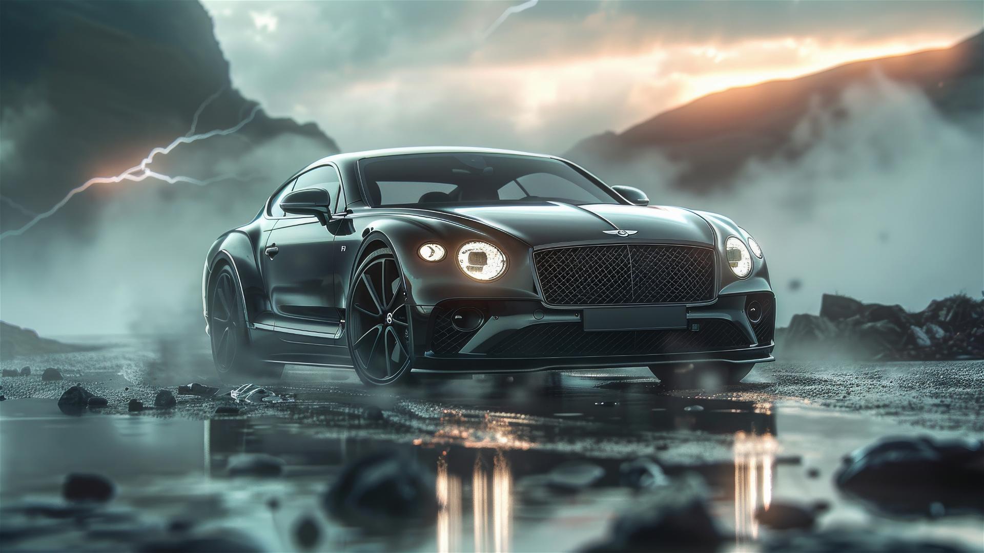 Bentley Continental GT in dim gothic lighting, photorealistic closeup under fog