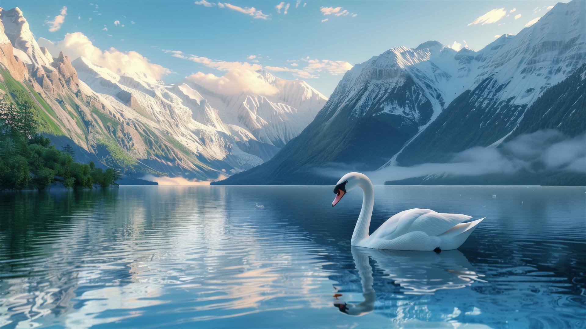 Ultra-realistic 3D swan gliding on a quiet lake with mountains