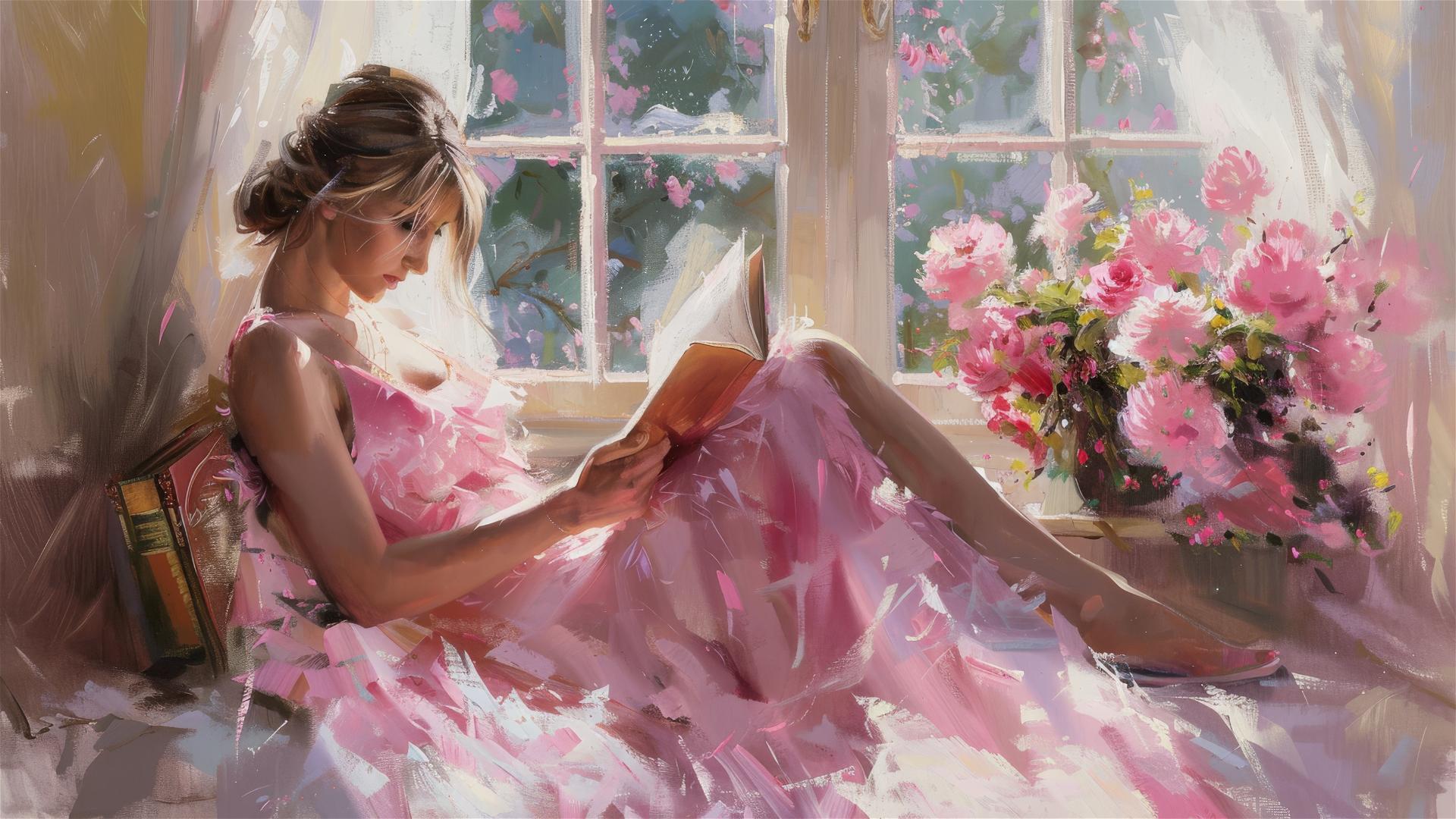 Woman in pink dress reading by window with floral arrangement