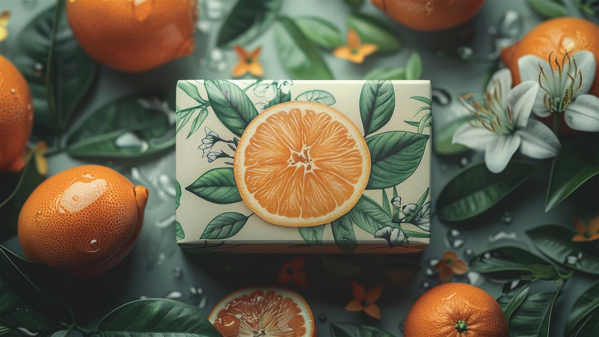 Square rake orange gift box with green leaves on matte texture background