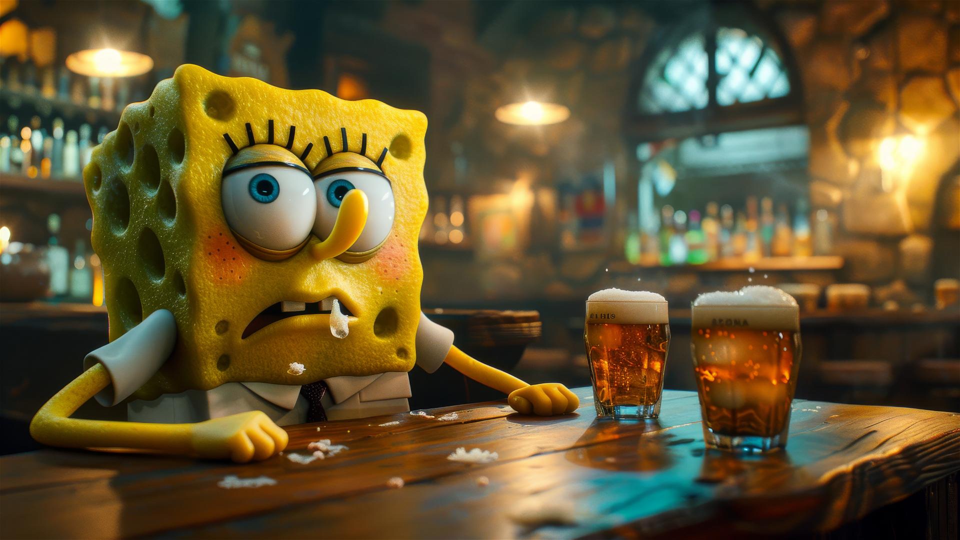 SpongeBob in UK geezer attire snorting coke in a pub