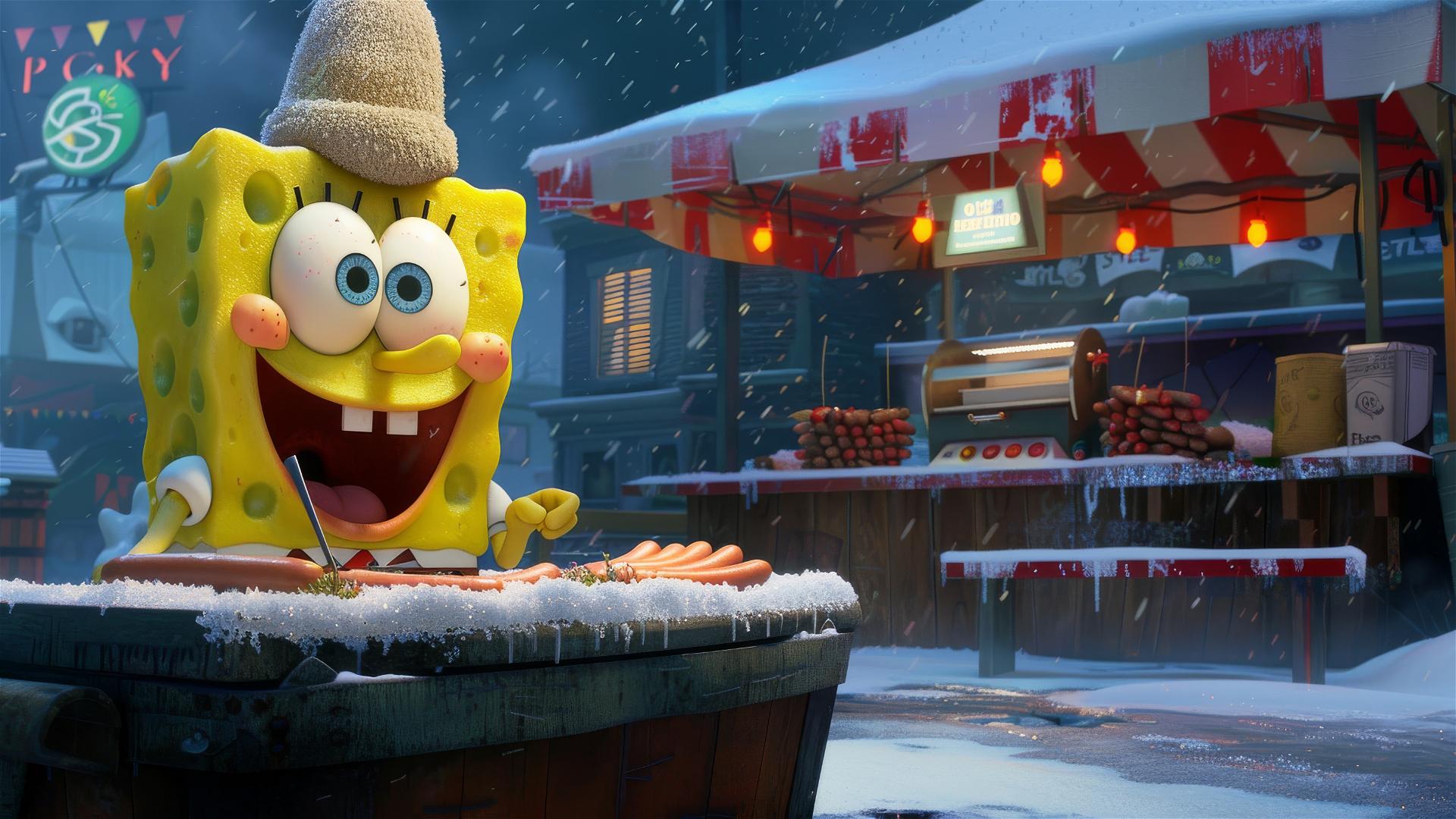 SpongeBob sells sausages at a snowy roadside barbecue stall wearing a cotton hat