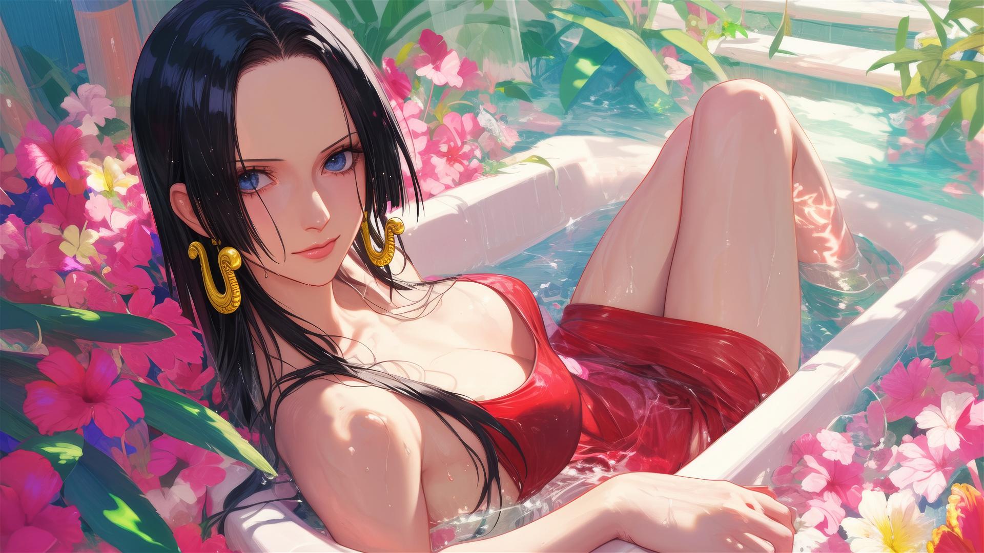 Boa Hancock from One Piece in a flower-filled tub in a Chinese spa