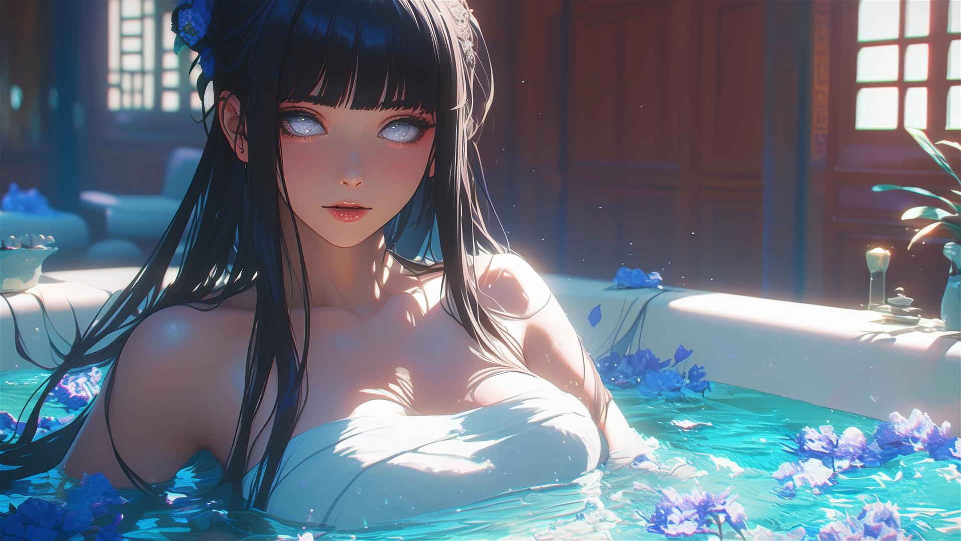 Hinata Hyuga from Naruto in a flower-filled tub within a Chinese spa