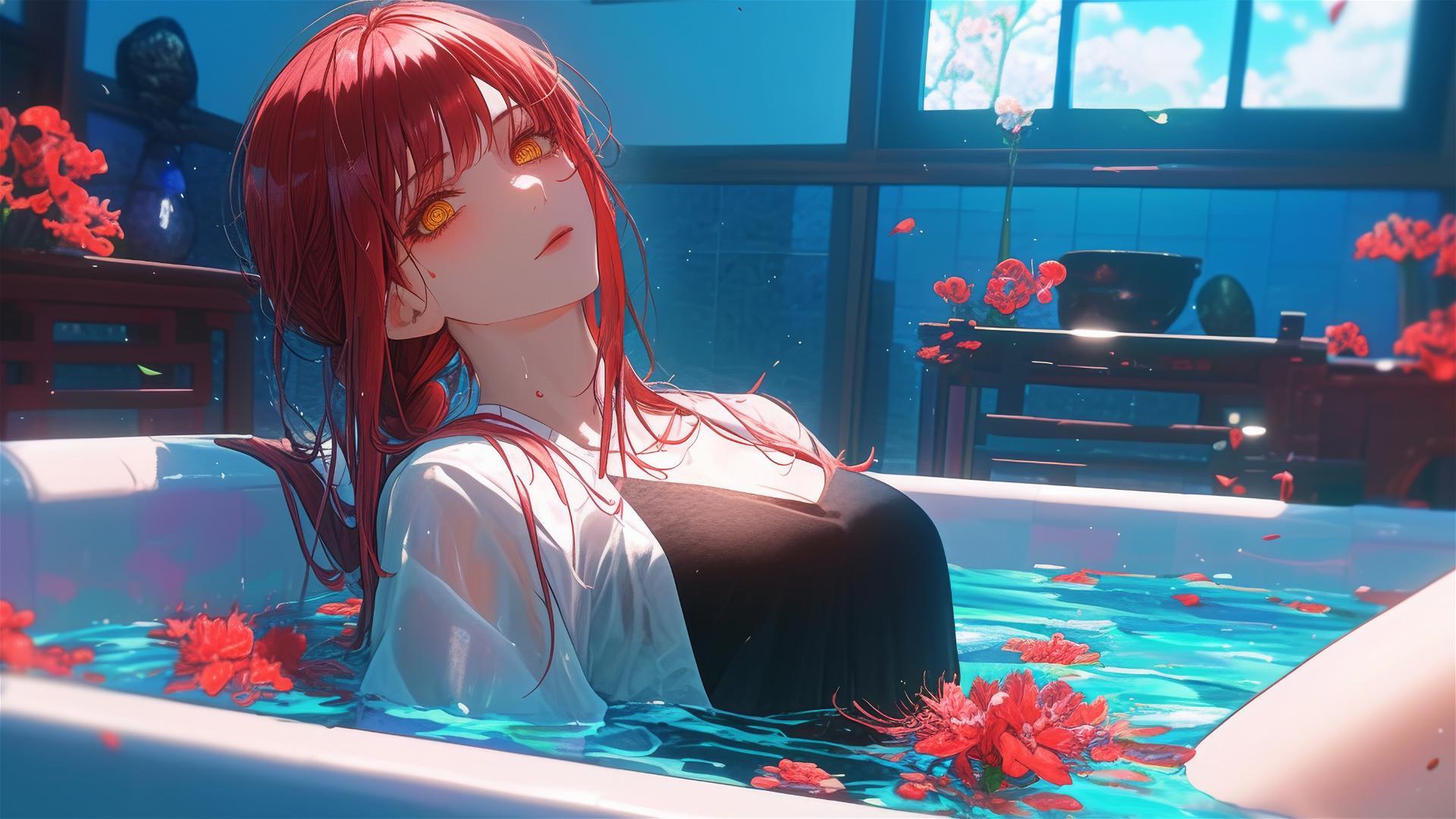 Makima from Chainsaw Man in a tub full of flowers in a Chinese spa
