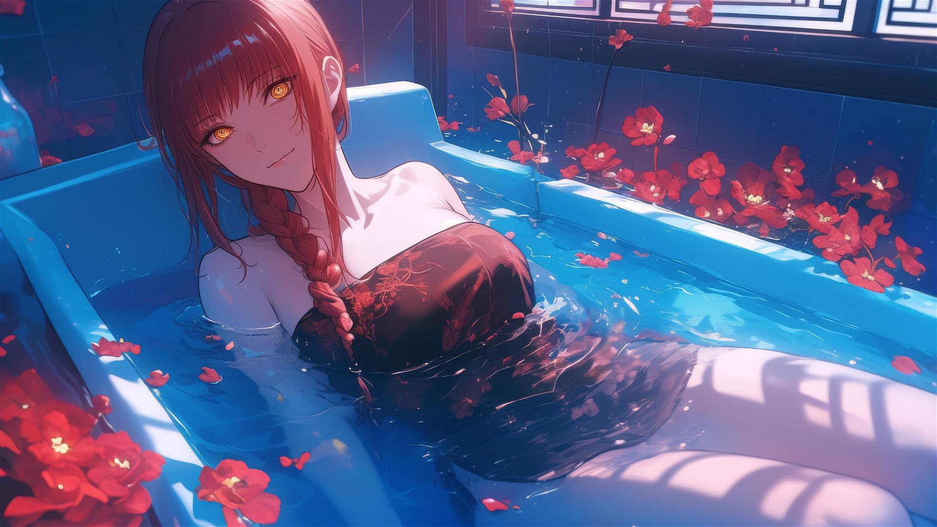 Makima from Chainsaw Man in tub of flowers at Chinese spa