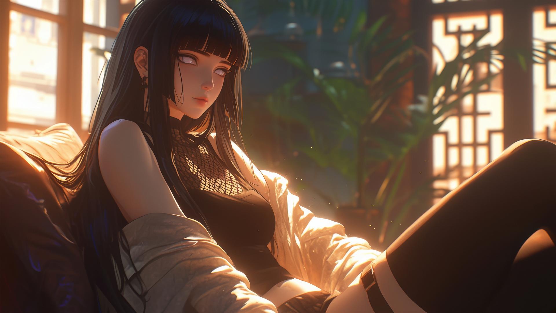 Hinata Hyuga sitting in a modern hotel with warm light