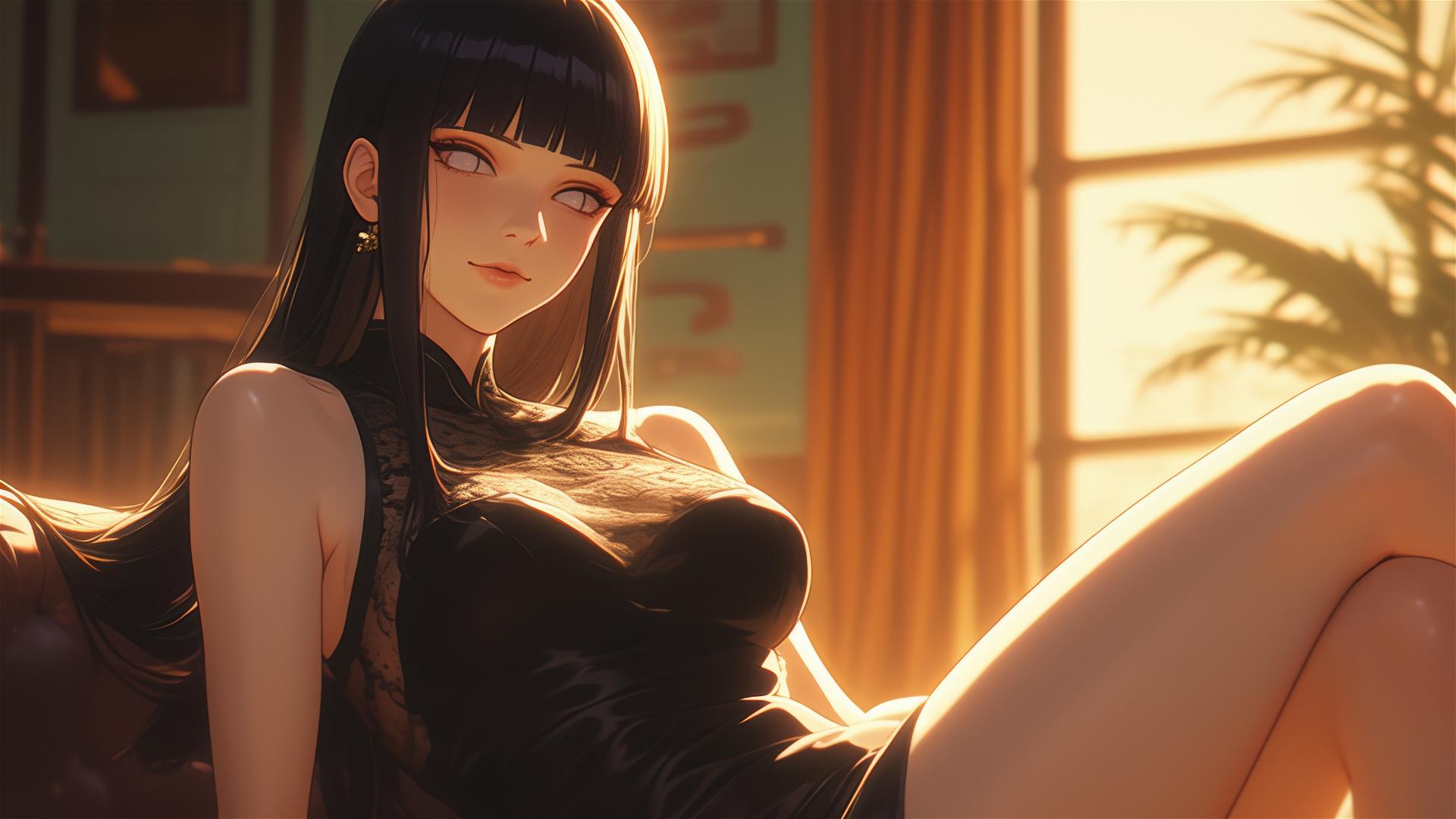 Hinata Hyuga sitting in modern hotel with warm light