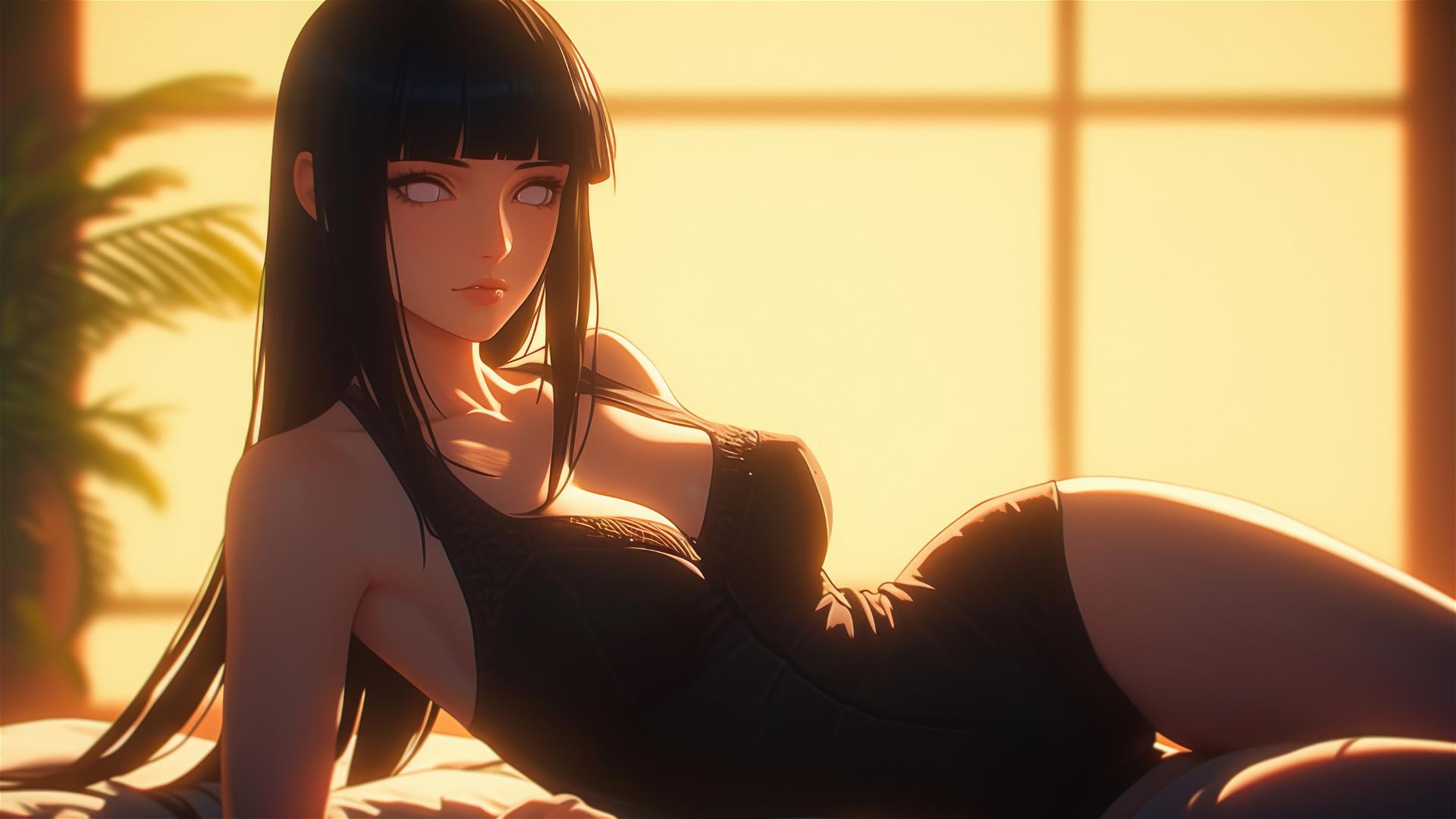 Hinata Hyuga resting at a modern hotel with warm light