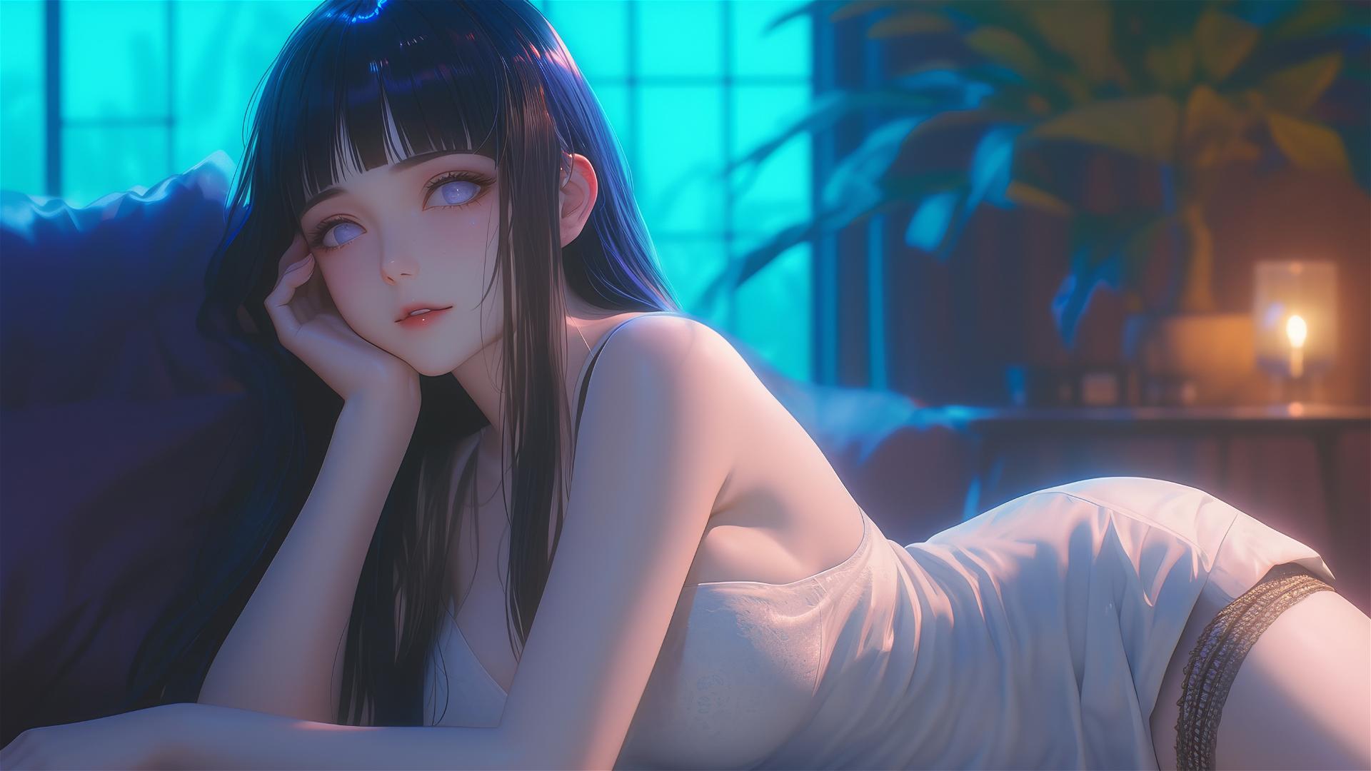 Hinata Hyuga from Naruto resting in modern hotel with warm light