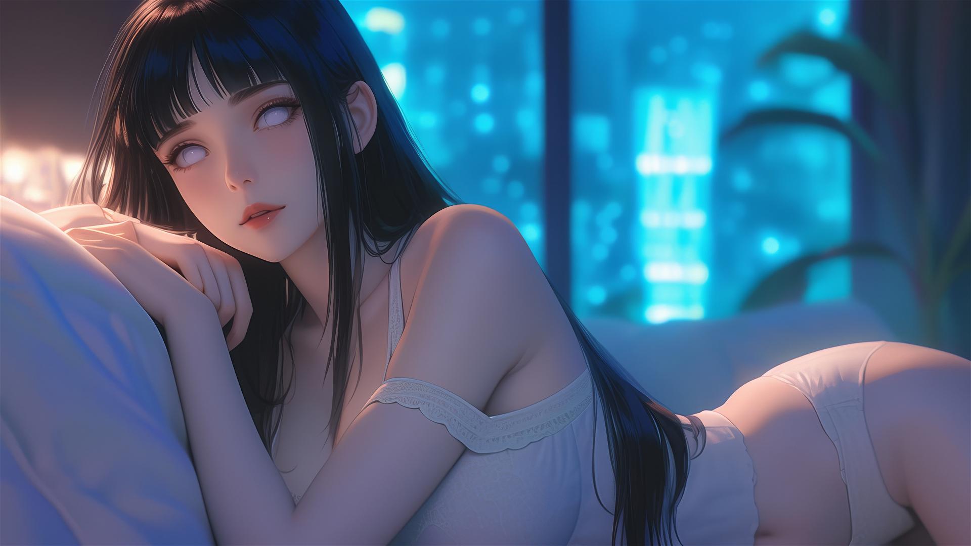 Hinata Hyuga from Naruto at modern hotel with warm light
