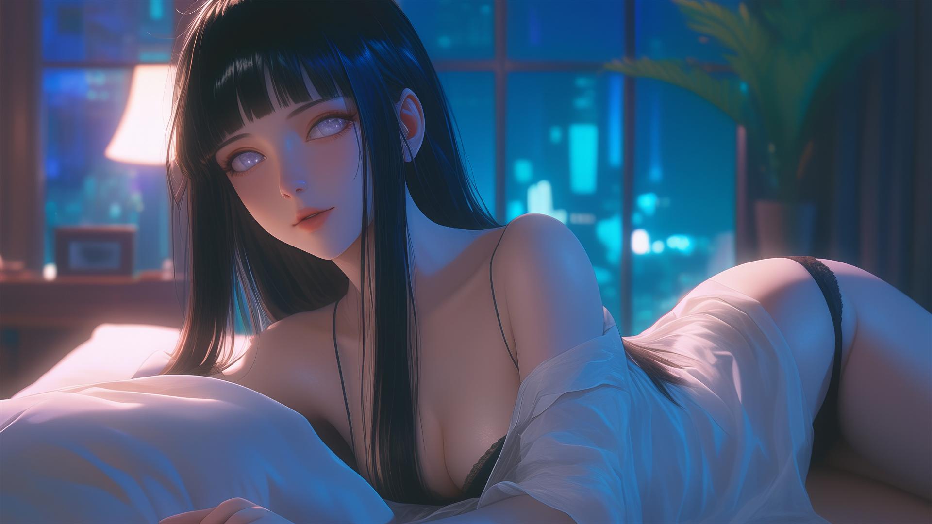 Hinata Hyuga resting at a modern hotel with warm light and white eyes.