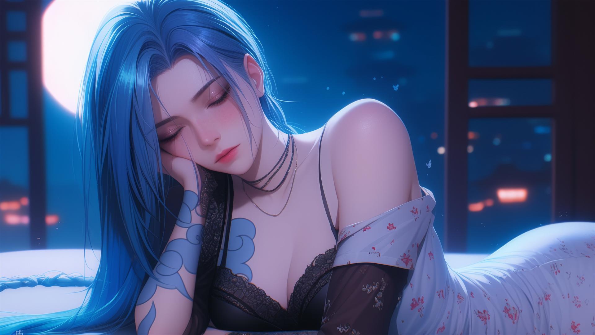Jinx from League of Legends resting in moonlit apartment