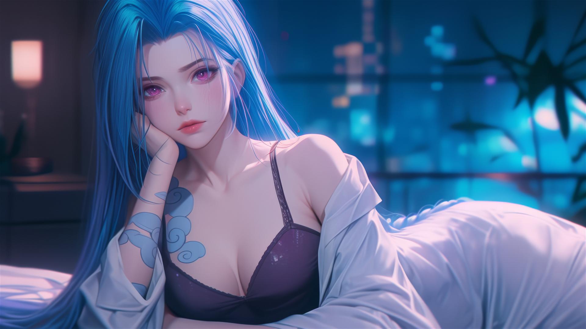 Jinx from League of Legends resting in moonlit apartment with blue hair, pink eyes