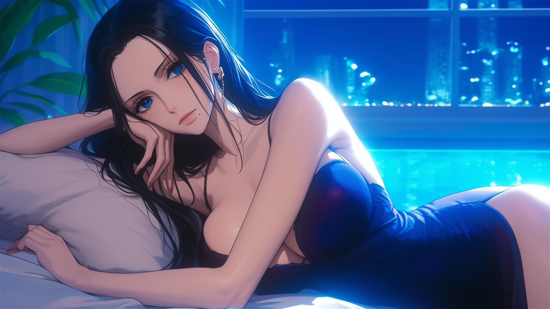Nico Robin from One Piece resting in a modern hotel room with moonlight