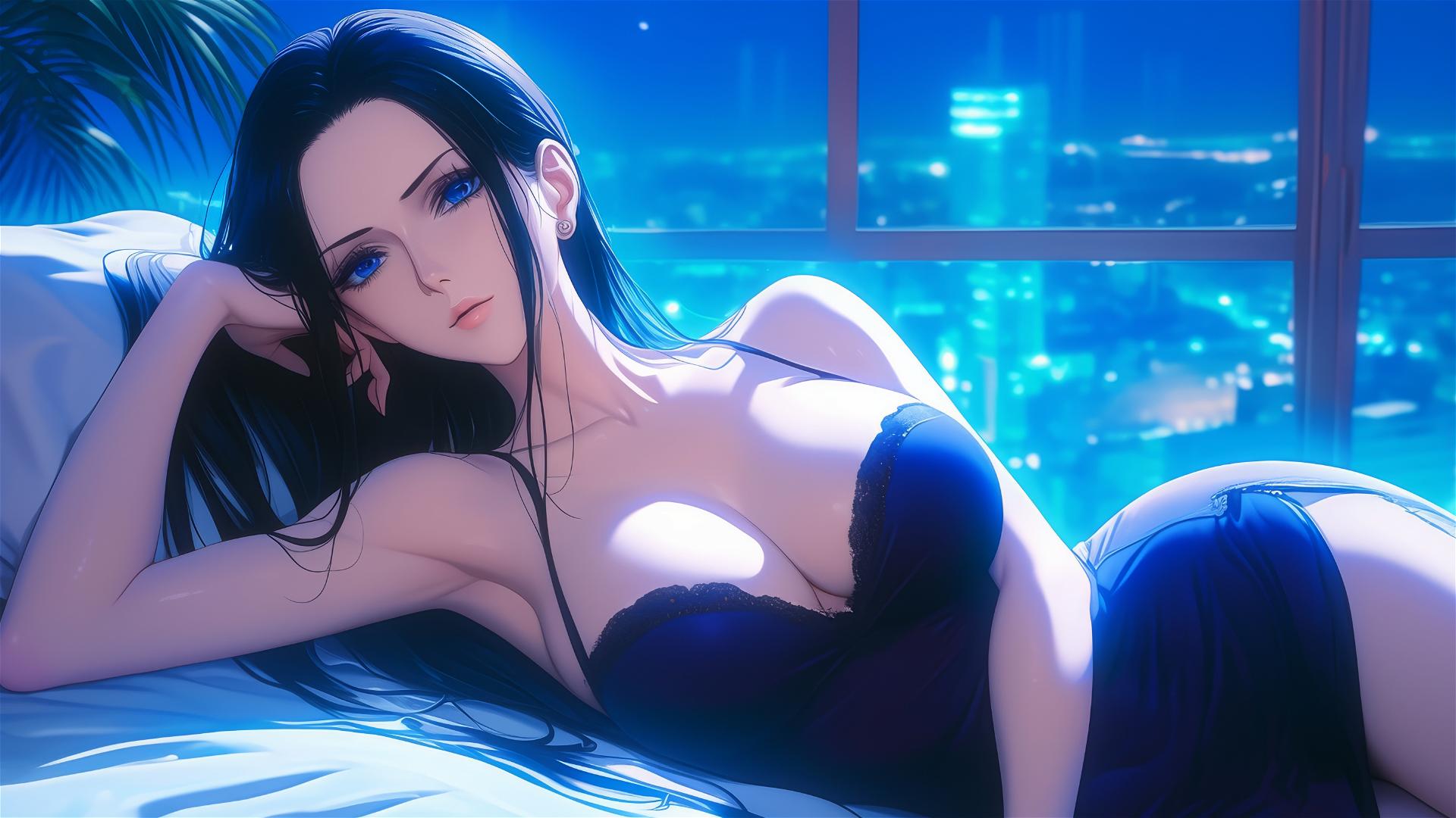 Nico Robin from One Piece resting in a modern hotel room with moonlight glow