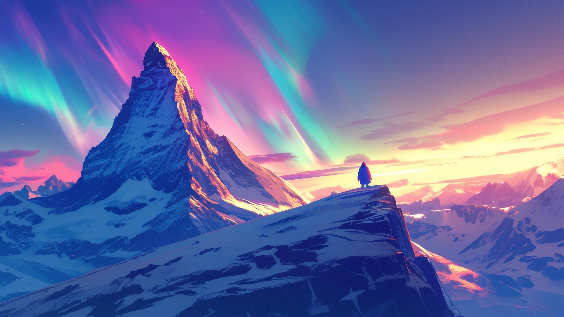 Pristine snowy mountain peak with aurora borealis