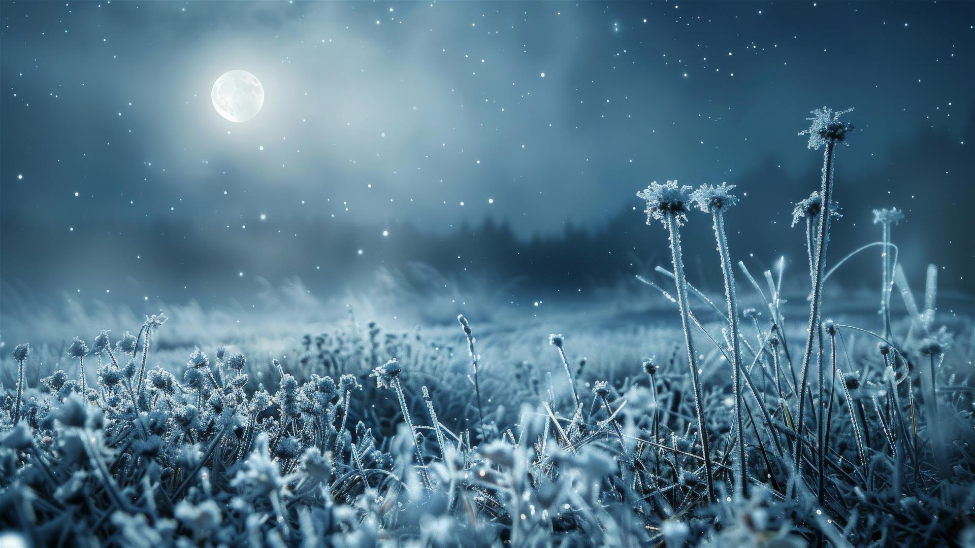 Silvery moonlight on frosted meadow with ice-covered grass and wildflowers