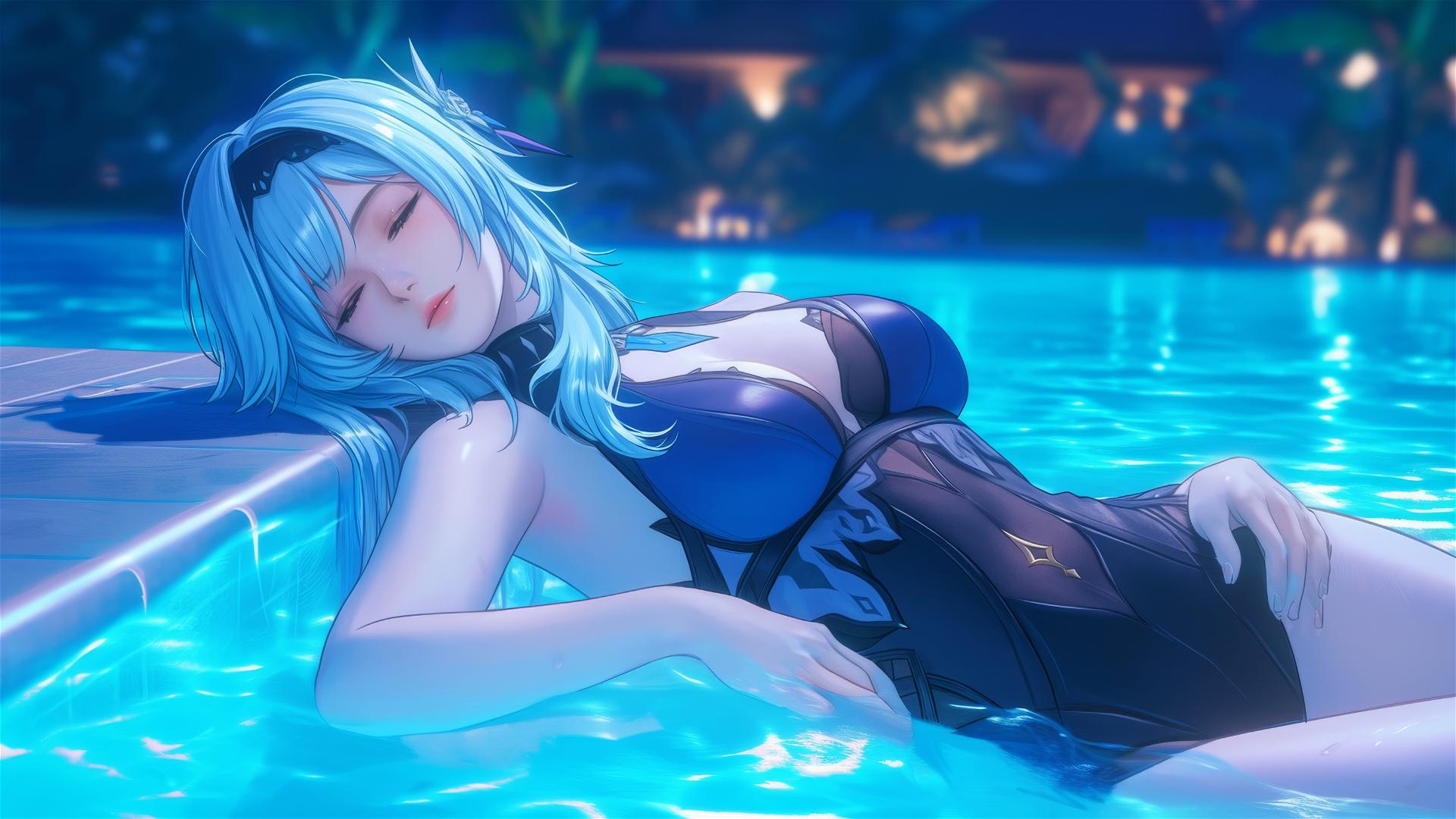 Eula Lawrence resting by a swimming pool with moonlight glow and light blue hair.