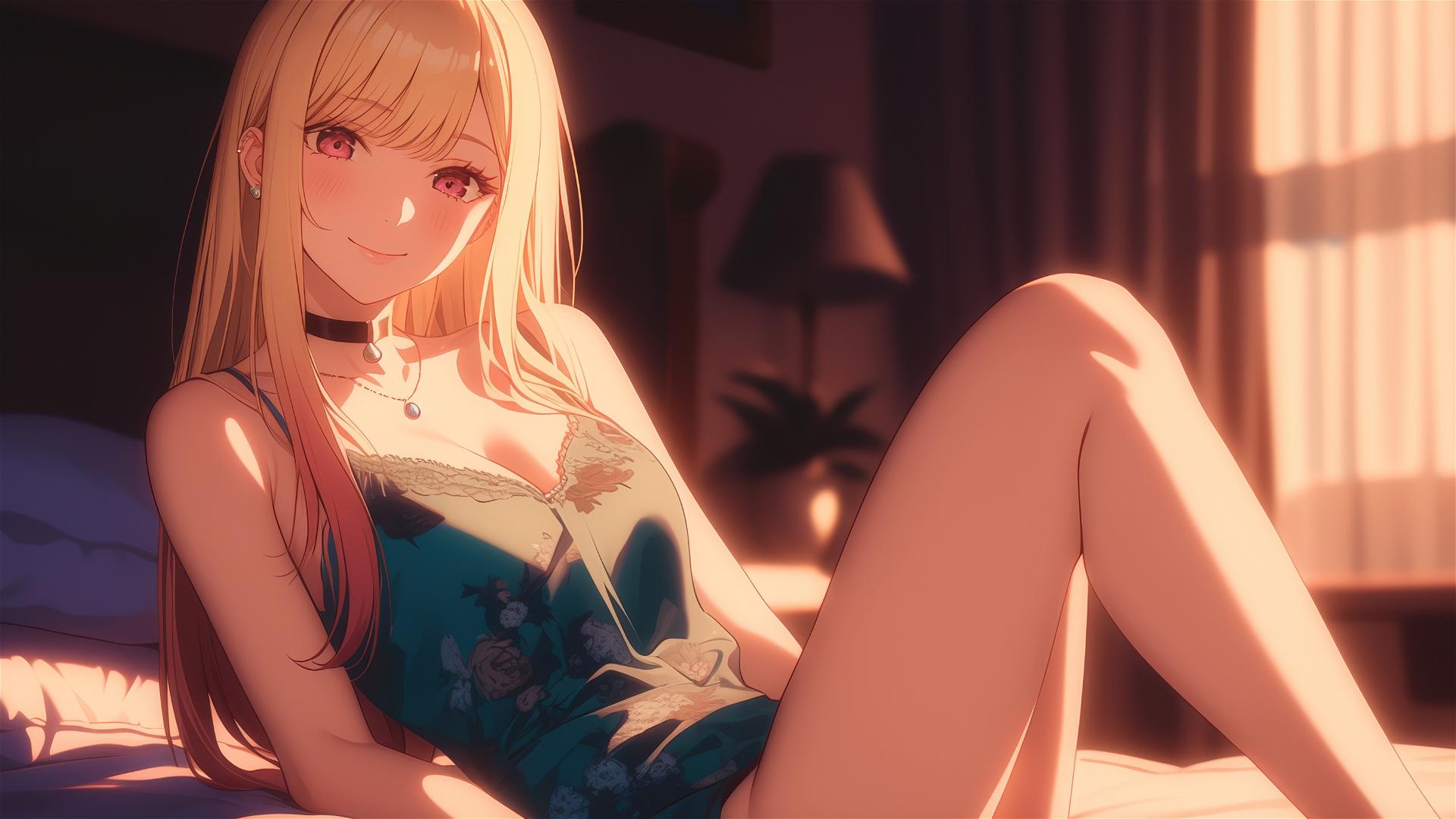 Marin Kitagawa sits on a hotel bed under moonlight with blonde-pink hair and pink eyes
