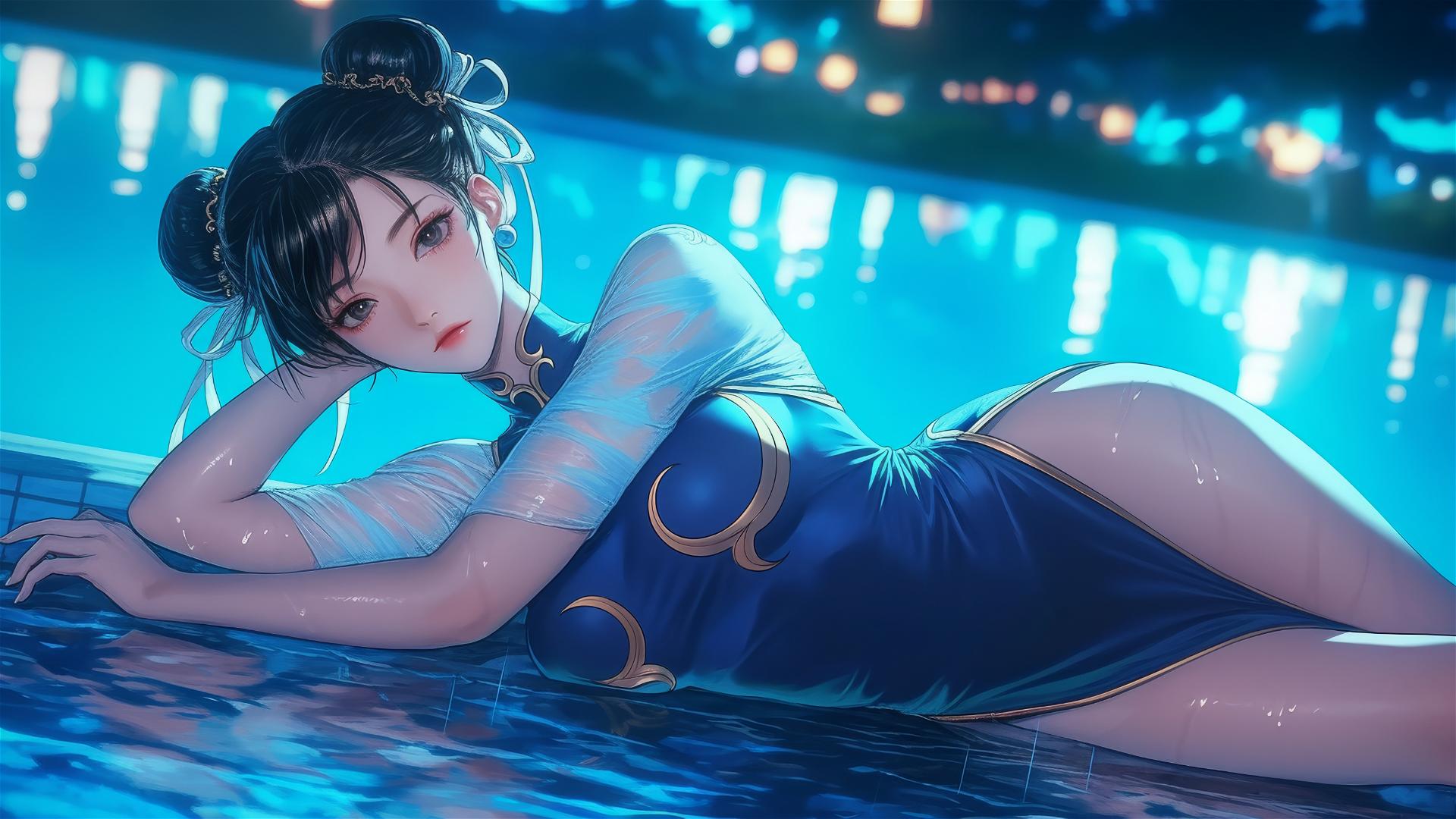Chun Li resting at a rainy swimming pool with moonlight glow