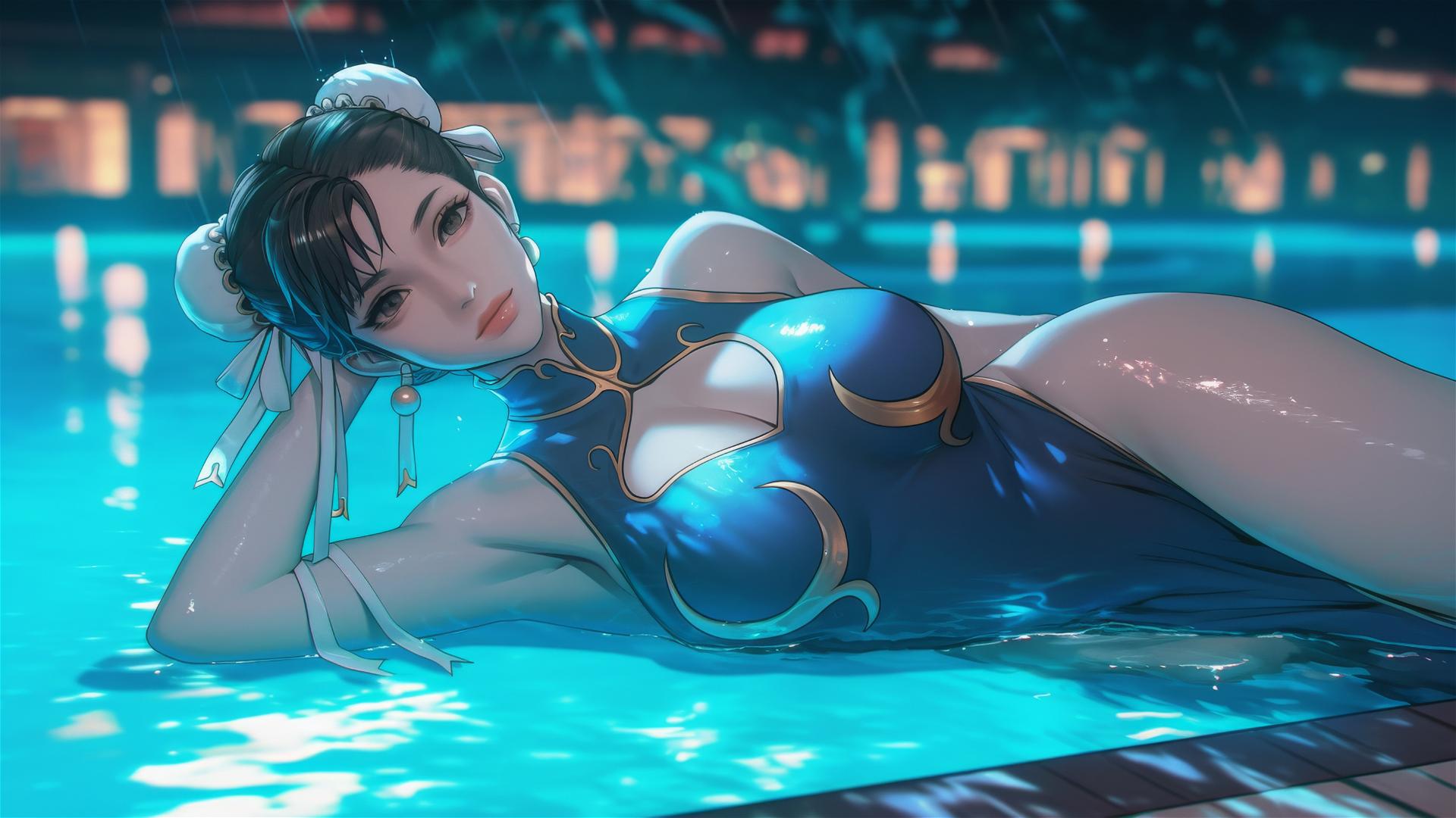 Chun Li resting at a rainy swimming pool under moonlight