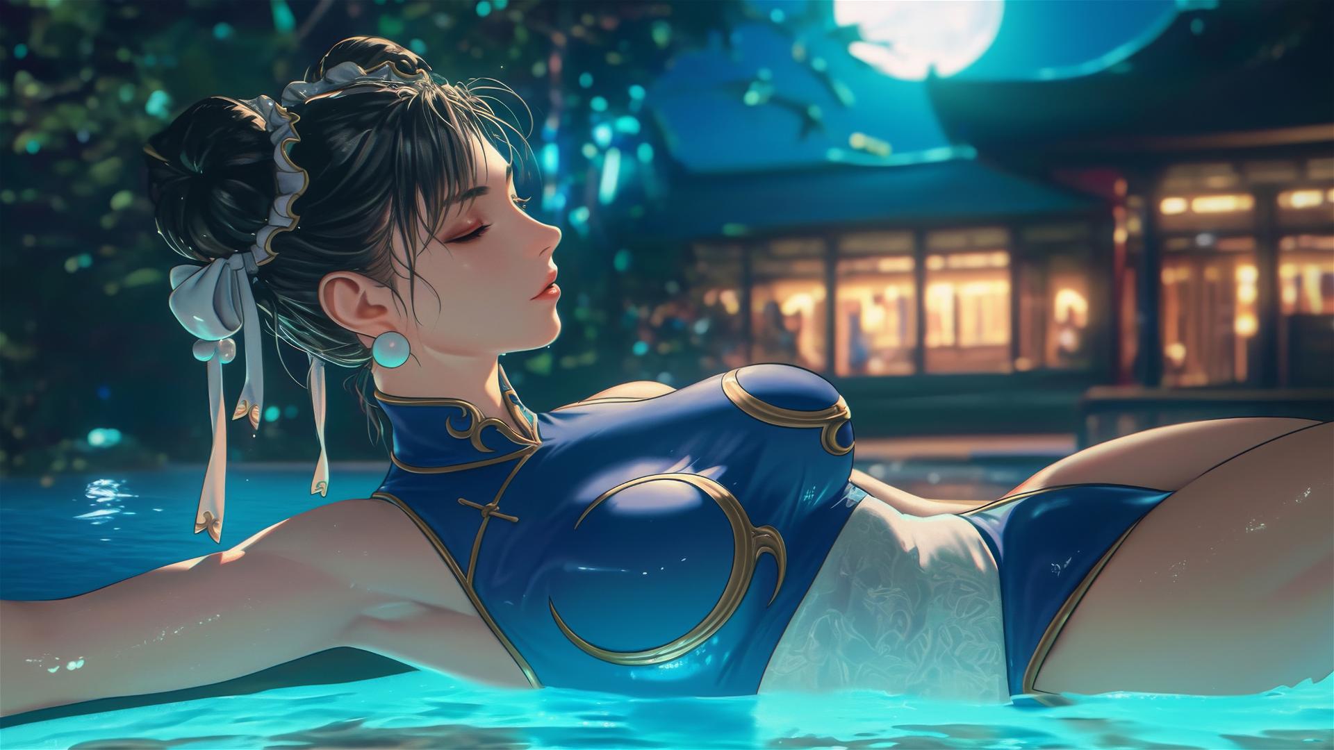 Chun Li resting at a rainy swimming pool with moonlight glow