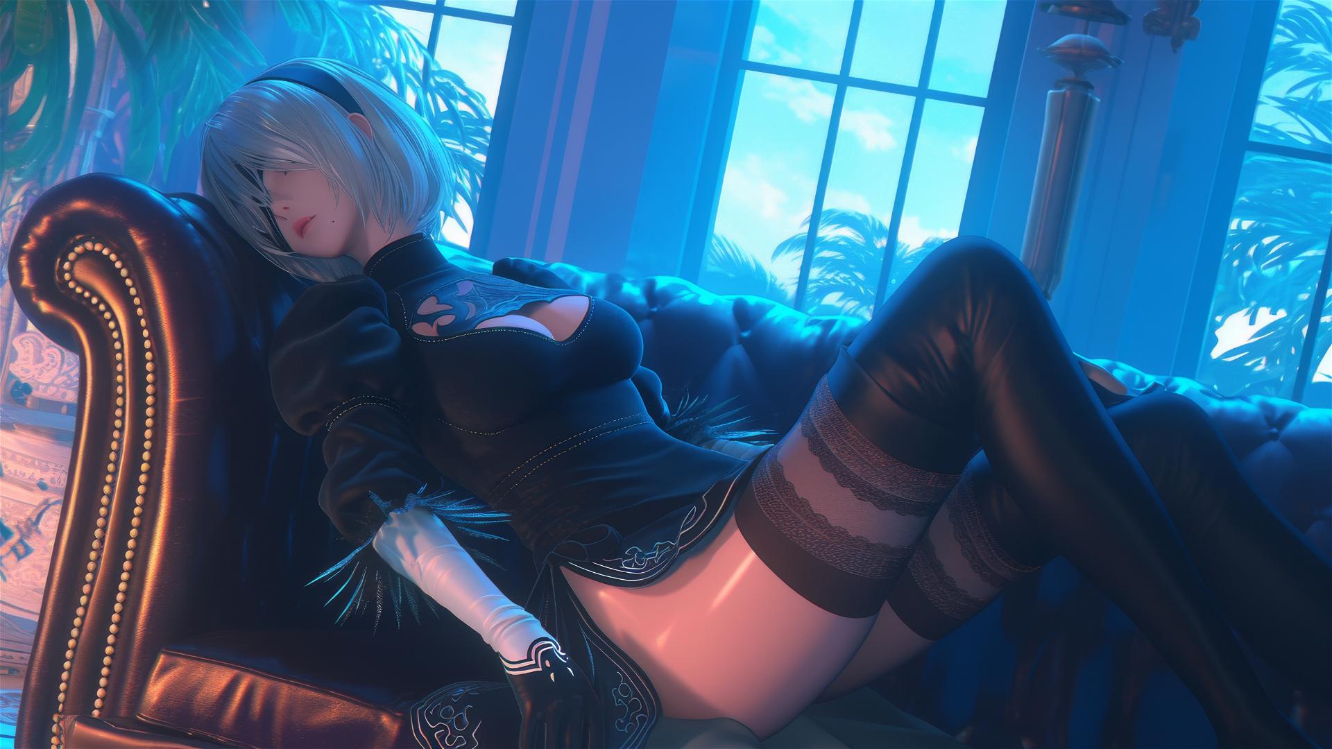 2B from Nier resting in a modern hotel room with moonlight glow