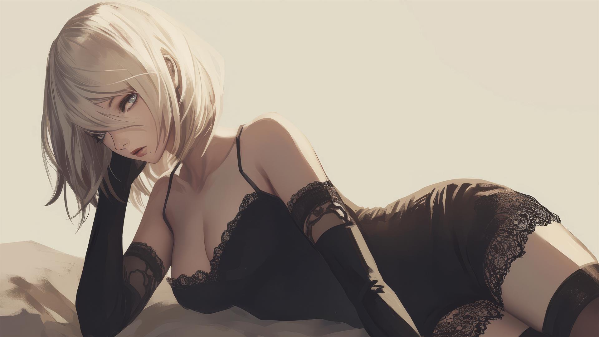 2B from Nier resting in a modern hotel room with moonlight glow