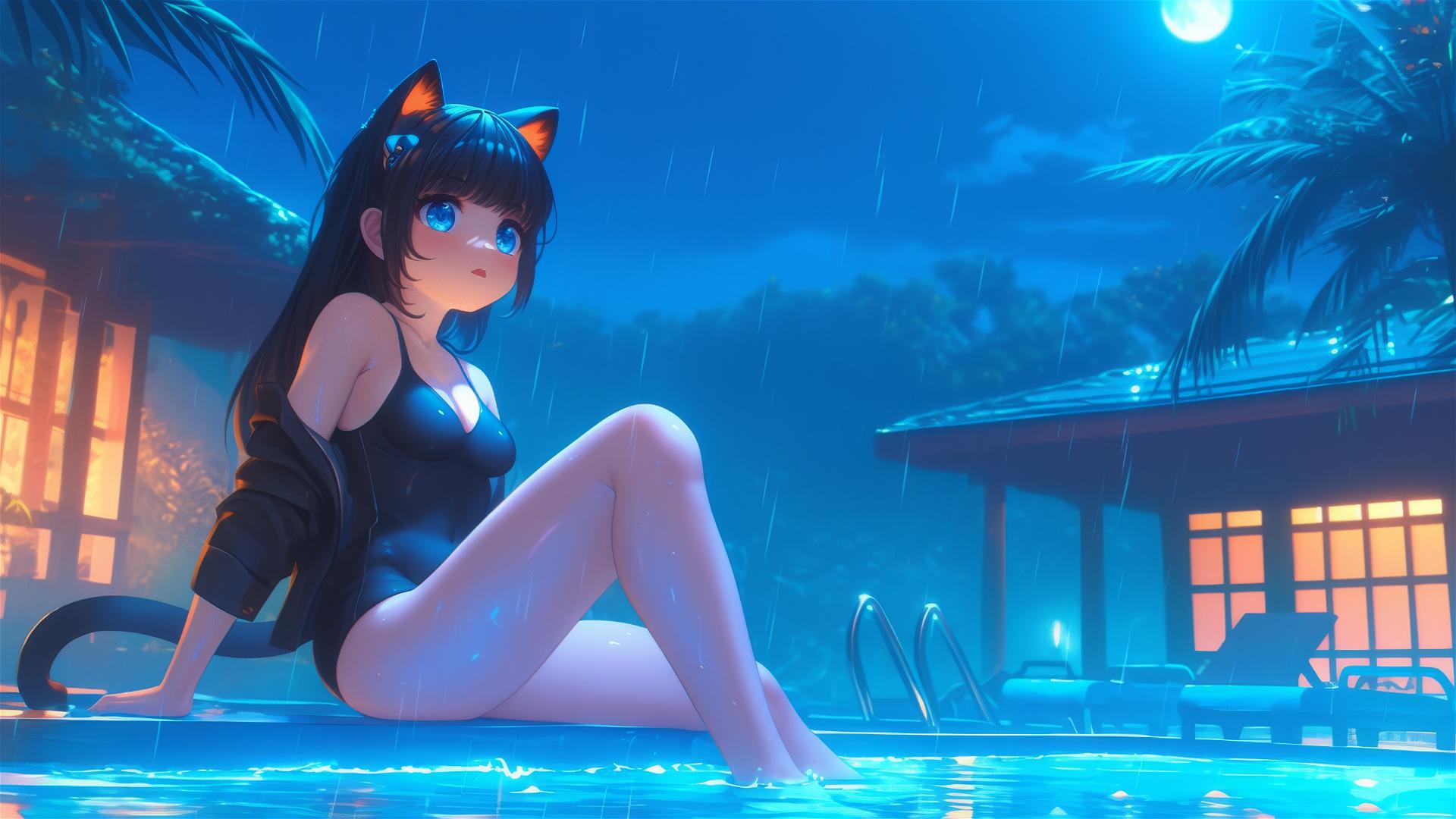 Cat girl leisurely resting at rainy swimming pool under moonlight.