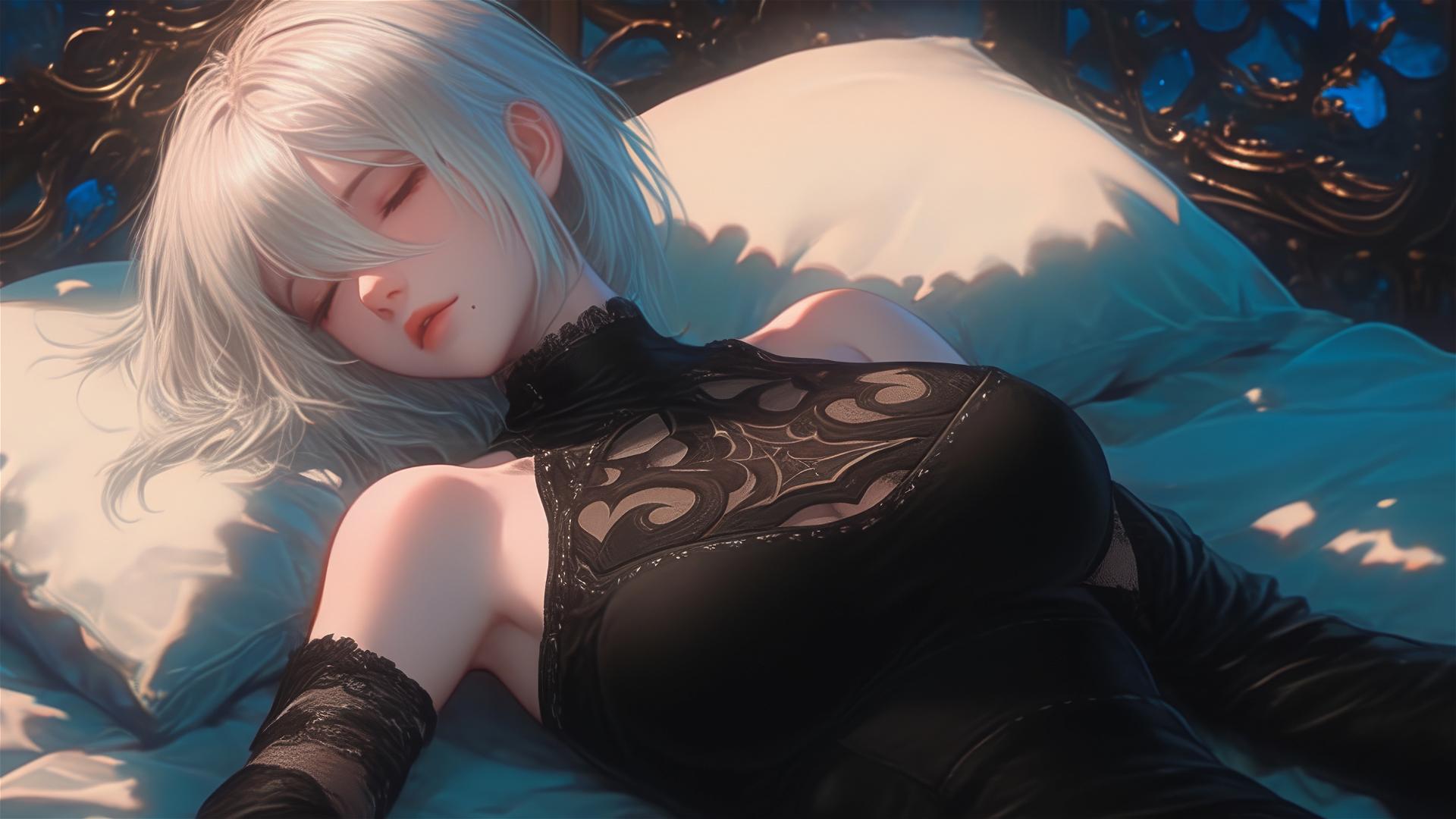 High angle view of 2B from Nier in bed with short hair, relaxed