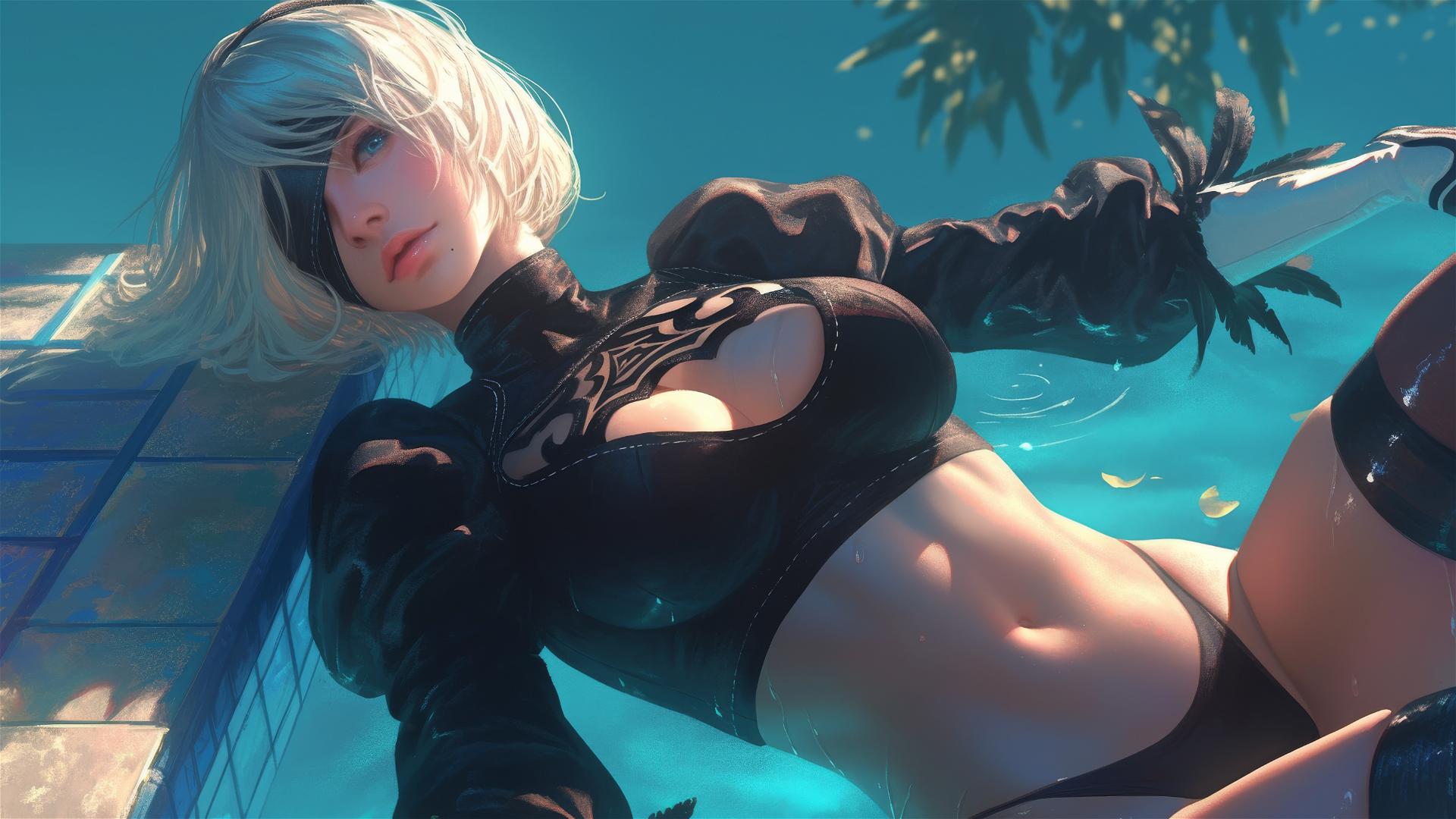 2B from Nier lounging at a rainy swimming pool under moonlight