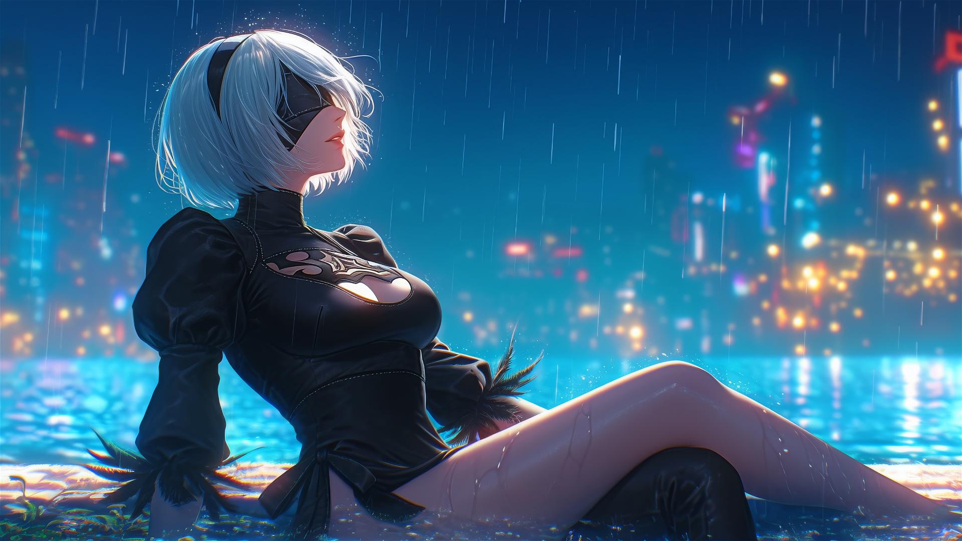 2B from Nier in casual attire sitting by a rainy swimming pool with moonlight