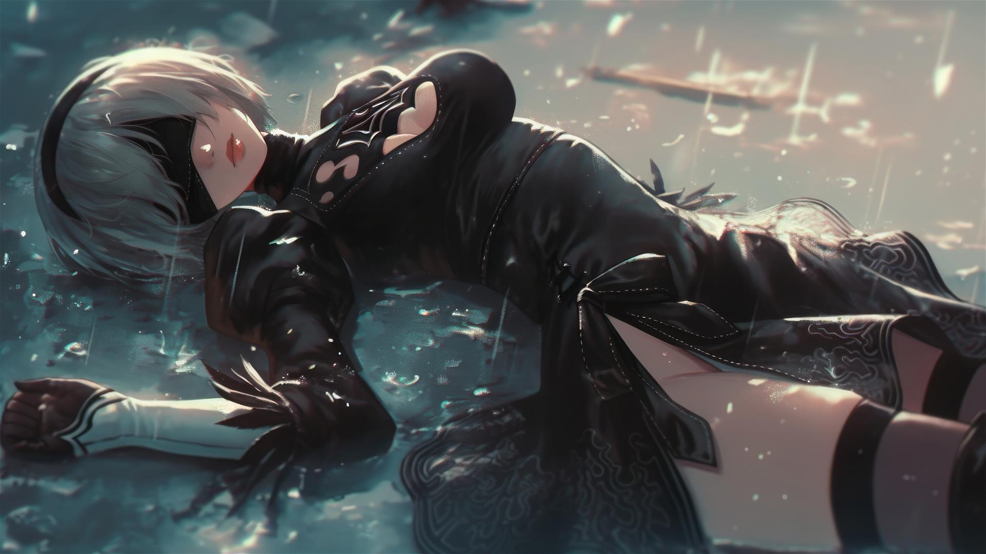 2B from Nier rests at rainy pool under moonlight, short hair visible.