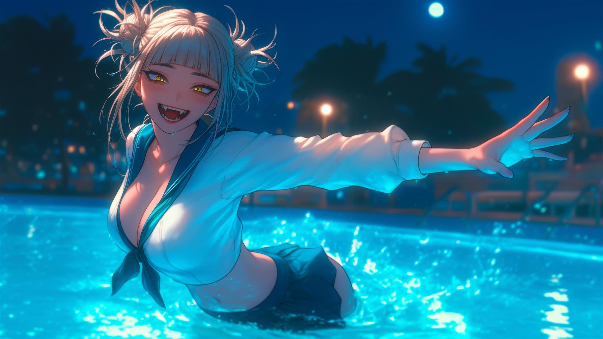 Himiko Toga from My Hero Academia jumping out of a swimming pool under moonlight.