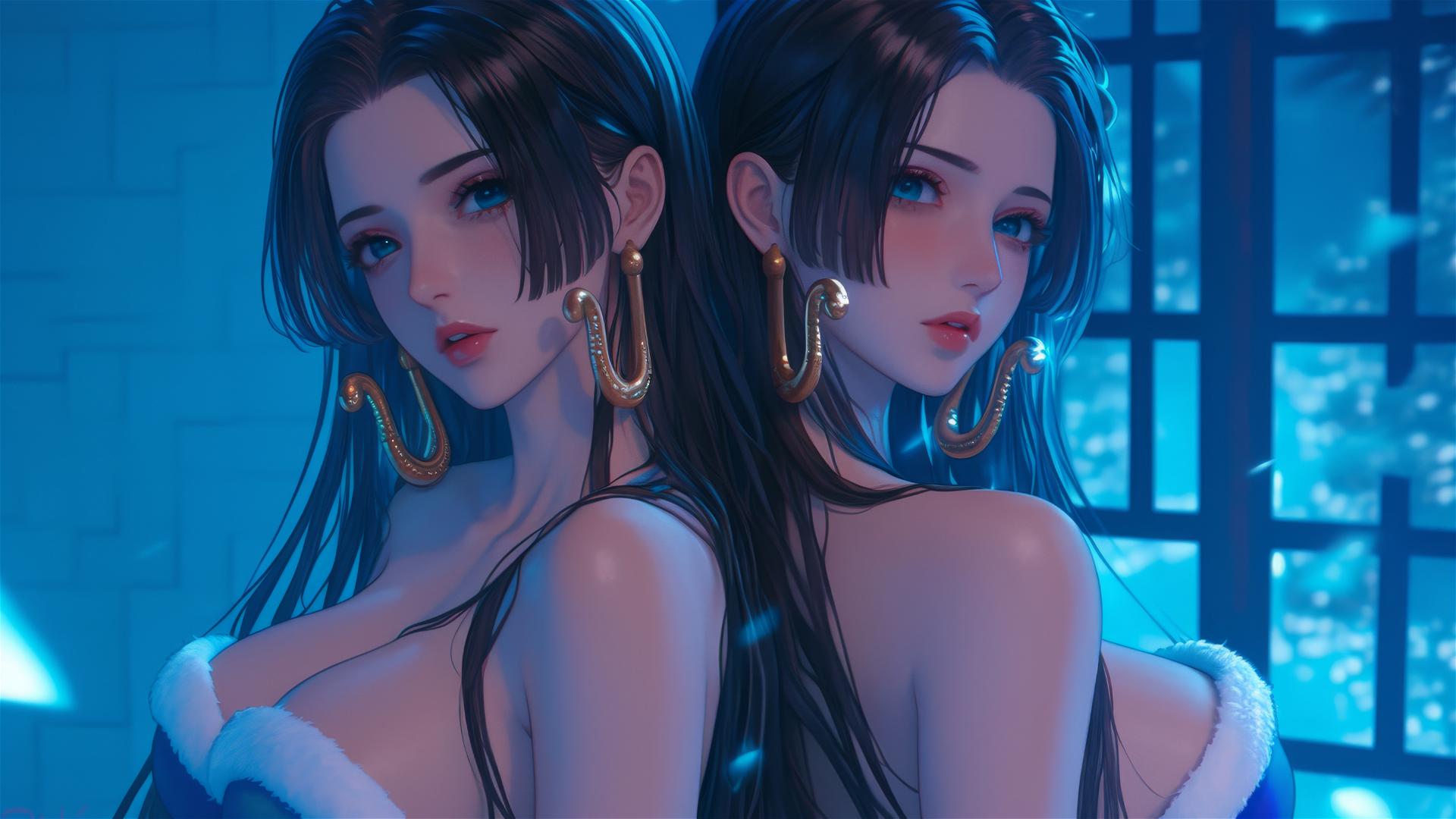 Boa Hancock in a Christmas costume, chained in neon-lit hotel room.