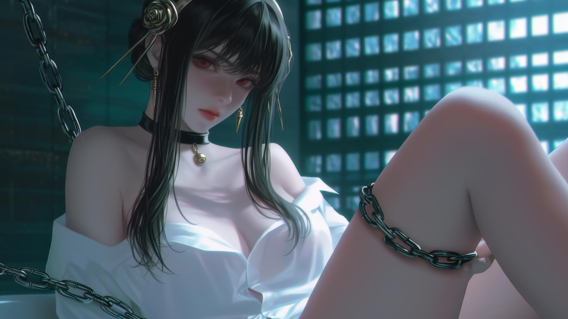 Yor Forger chained in her apartment tub, neon light, office shirt, thigh focus