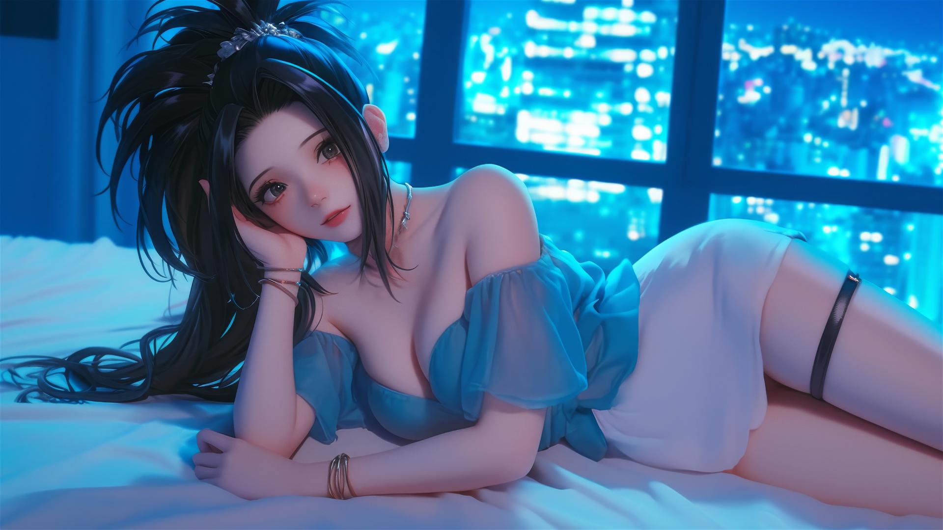 Momo Yaoyorozu from My Hero Academia in modern hotel room with neon light glow