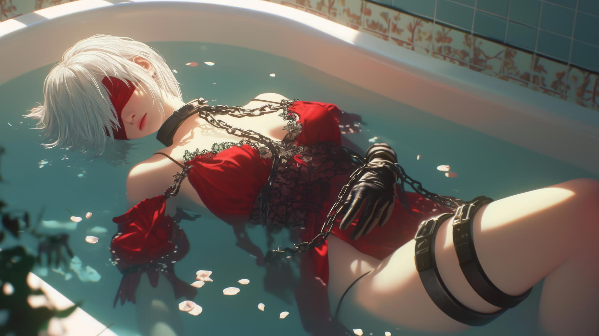 2B from Nier in chains, red attire, red blindfold, modern apartment tub