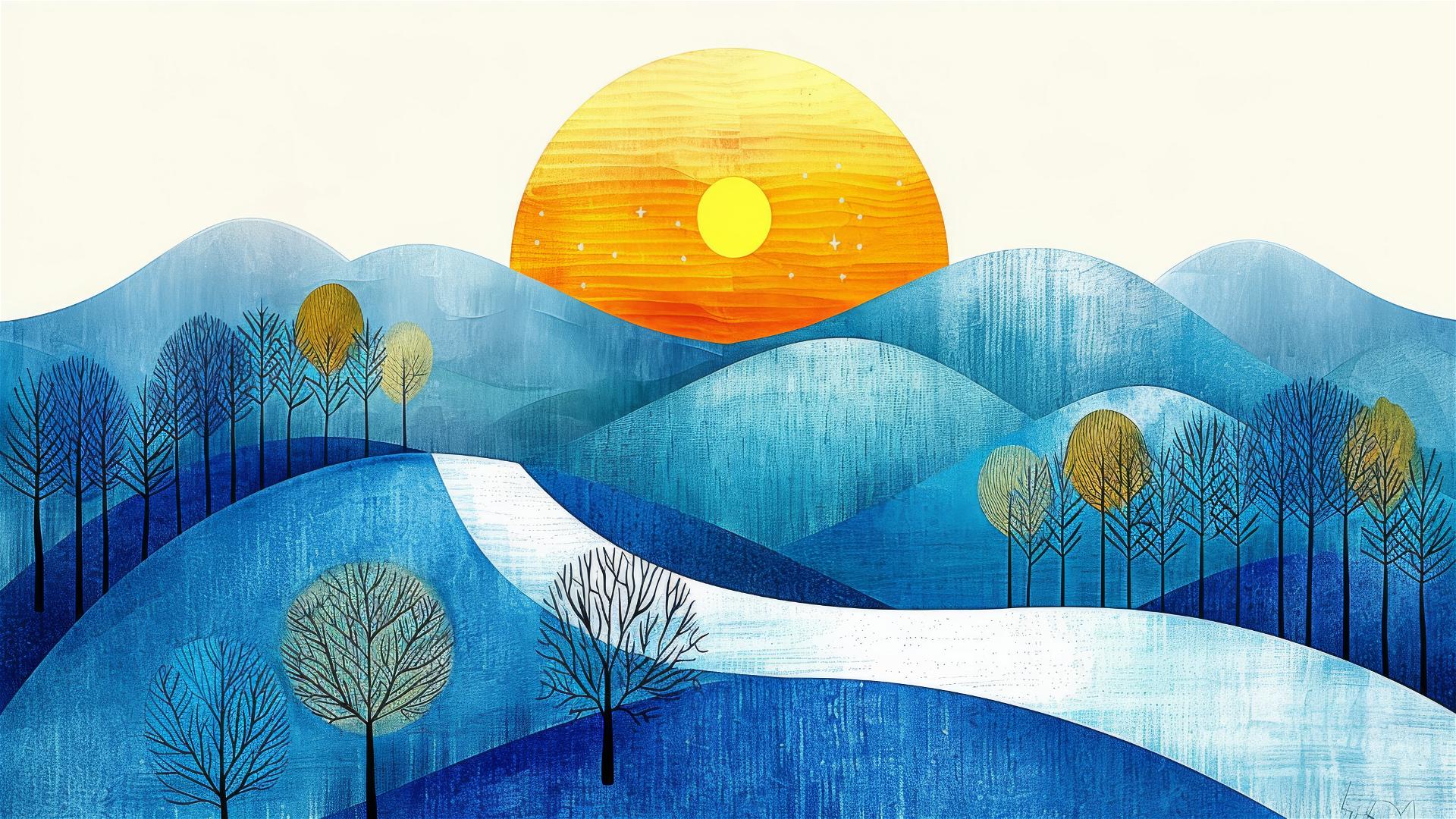 Forest with hidden creatures, autumn leaves, starry night sky, sunset