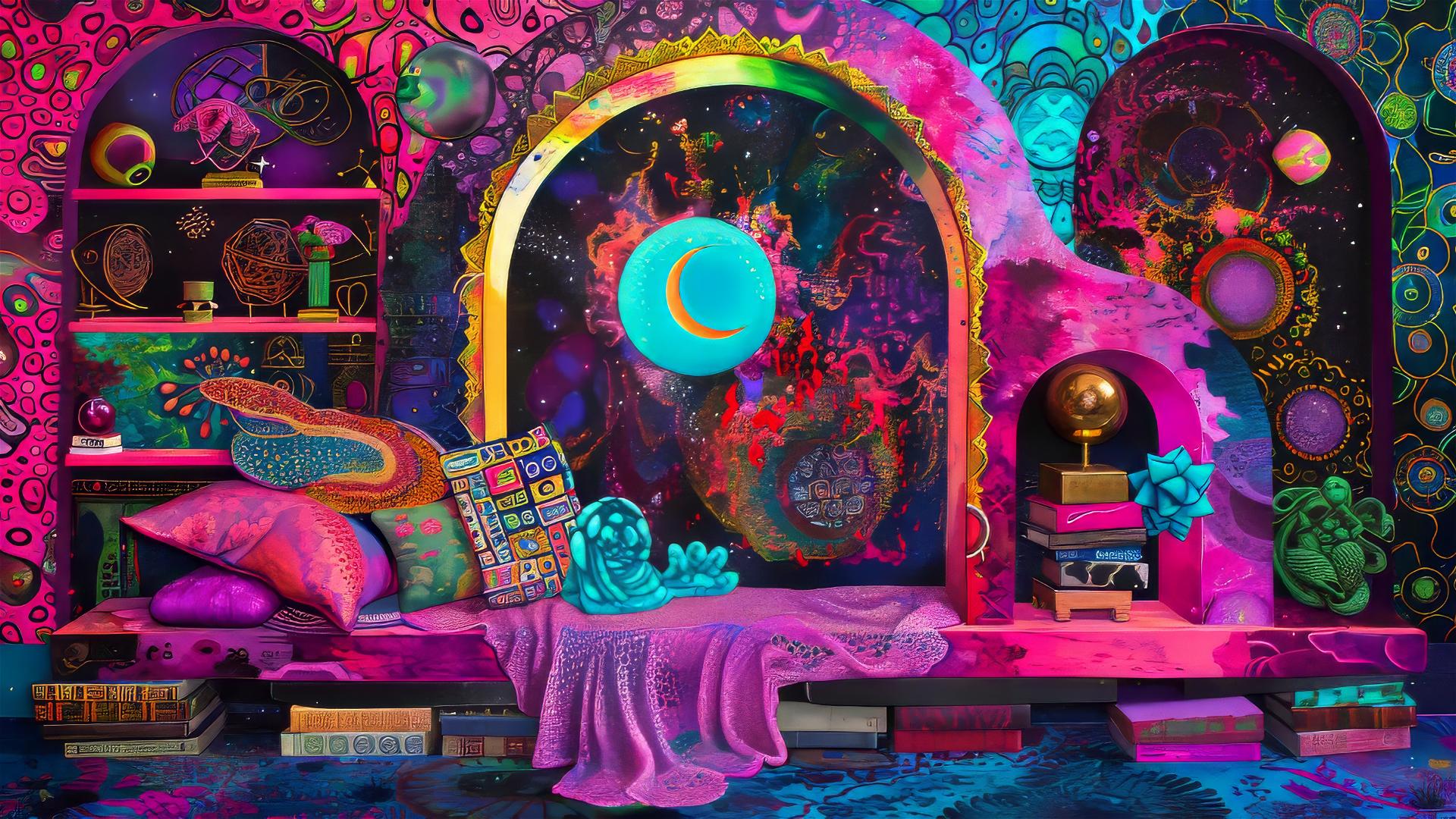 Anaglyphic steampunk collage with purple rainbow and sculpture in oil pencil sketch