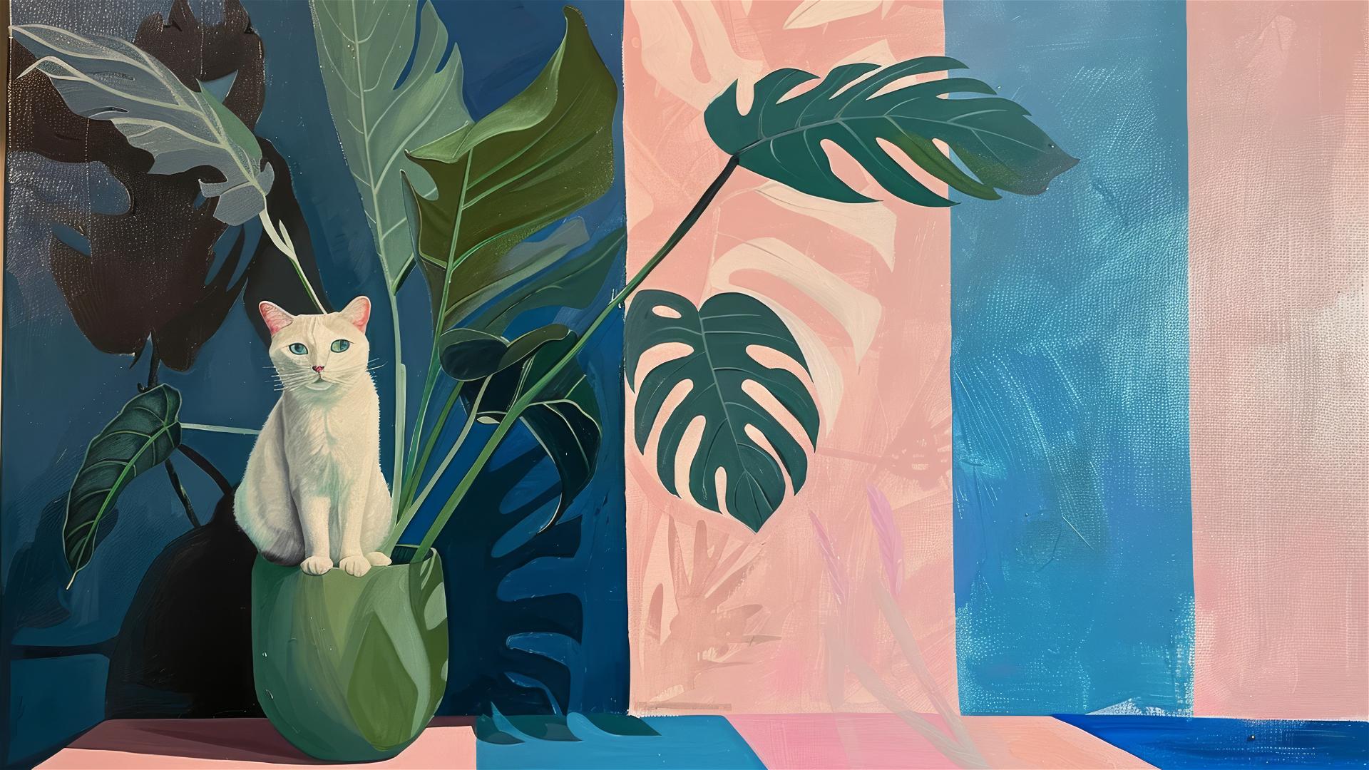 Monstera in green pot with blue and pink stripes, cat, Matisse-style art