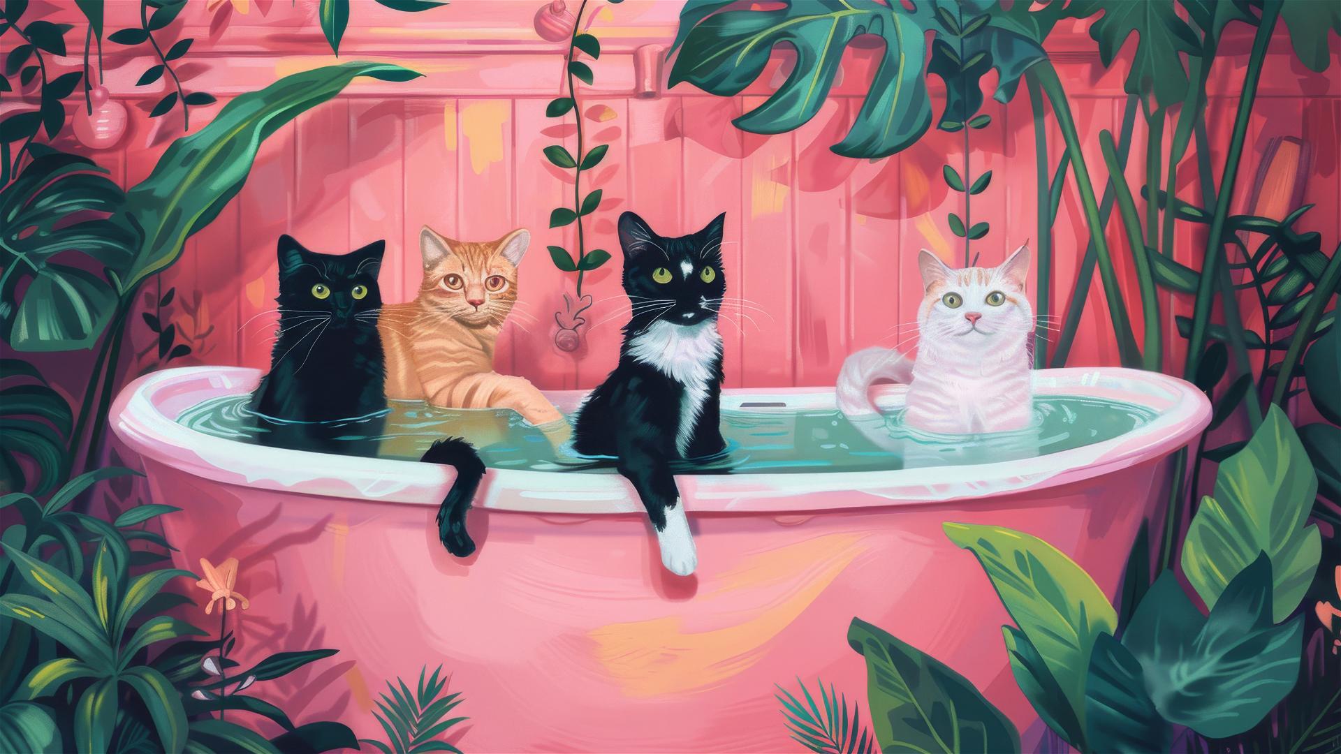 Cats in a bathtub surrounded by plants and vibrant colors